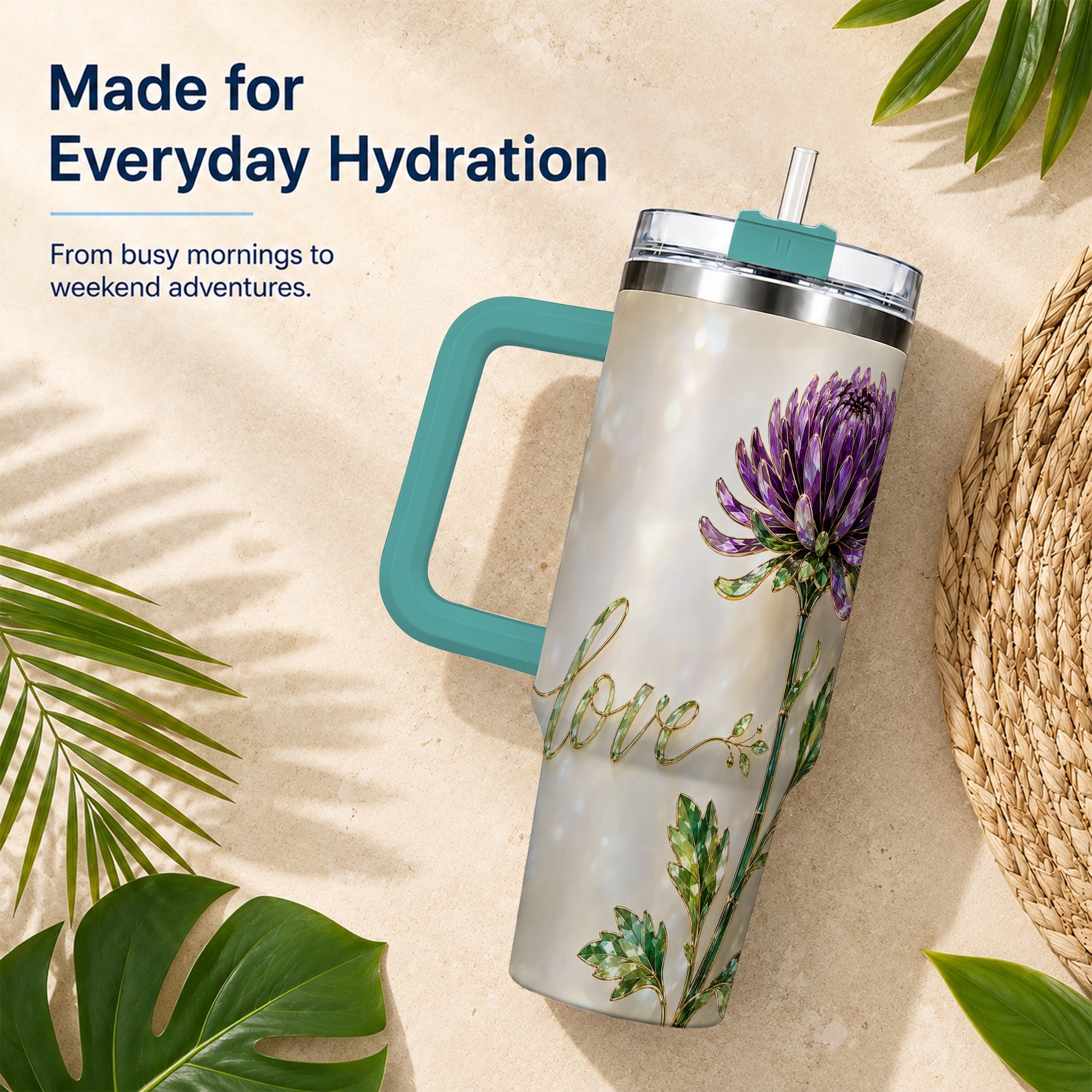 #pl[40oz|Green] Chrysanthemum 40oz Tumbler with Handle, Stainless Steel Travel Cup