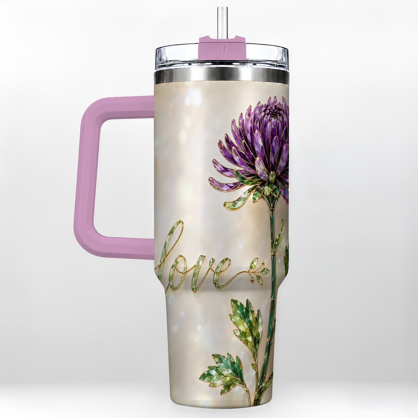 #pl[40oz|Pink] Chrysanthemum 40oz Tumbler with Handle, Stainless Steel Travel Cup