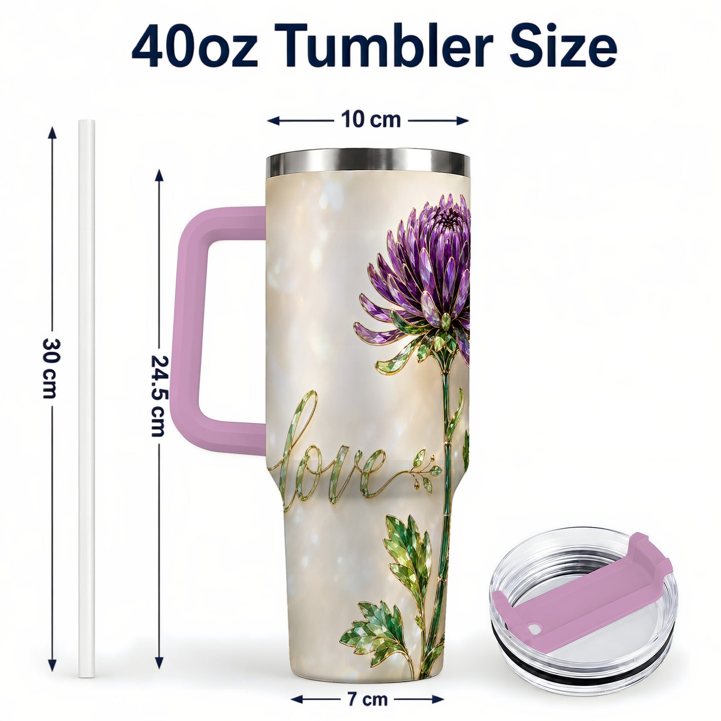 #pl[40oz|Pink] Chrysanthemum 40oz Tumbler with Handle, Stainless Steel Travel Cup
