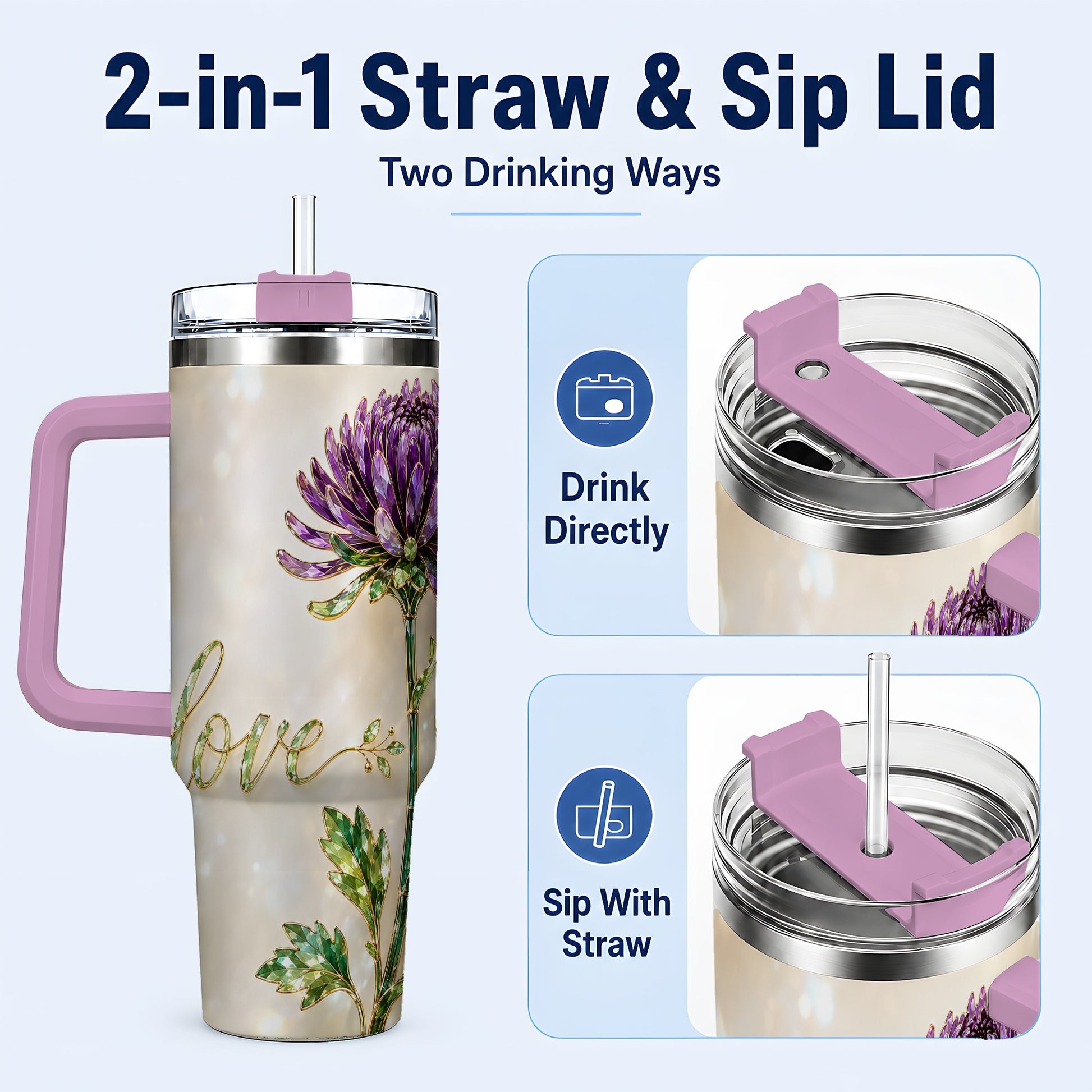 #pl[40oz|Pink] Chrysanthemum 40oz Tumbler with Handle, Stainless Steel Travel Cup