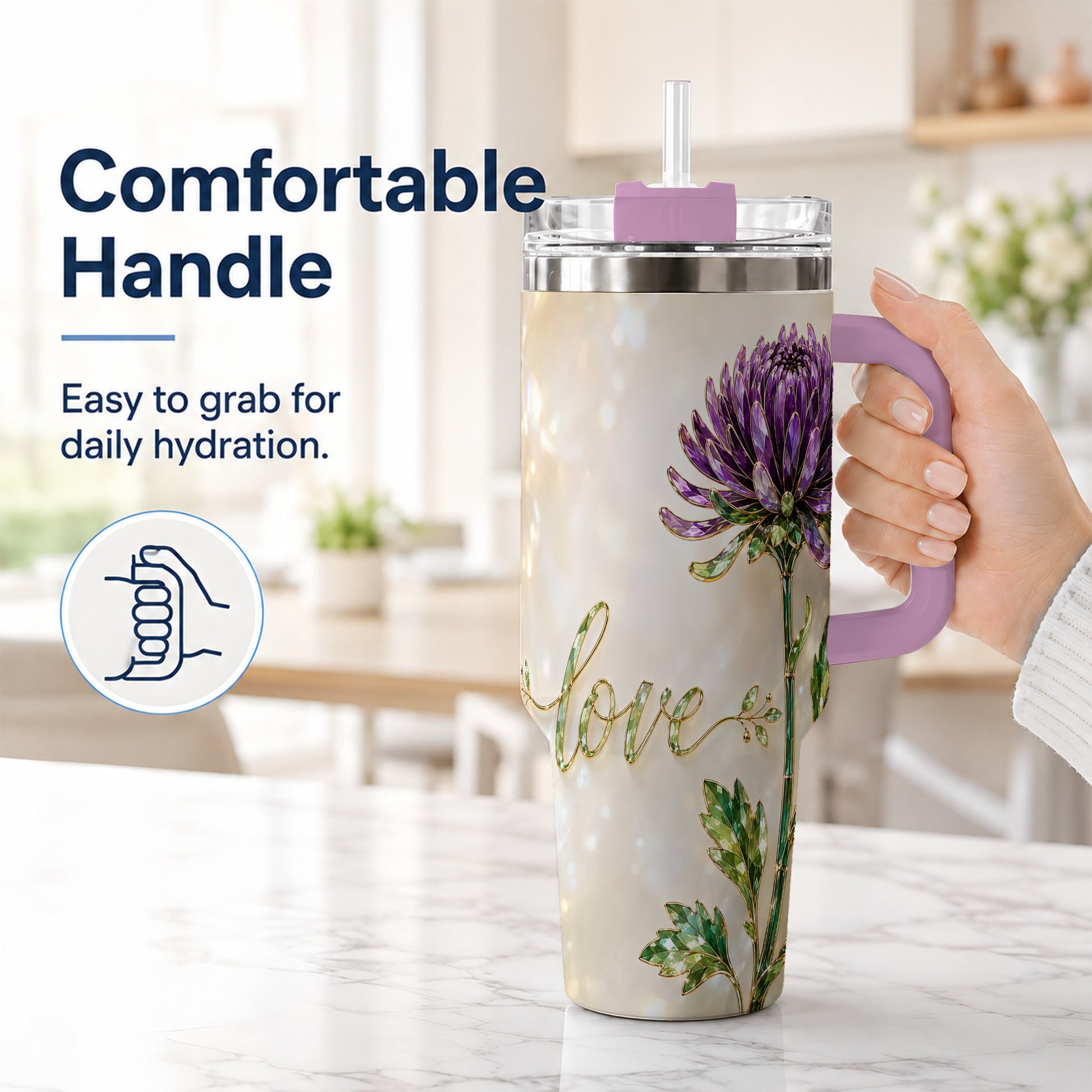 #pl[40oz|Pink] Chrysanthemum 40oz Tumbler with Handle, Stainless Steel Travel Cup