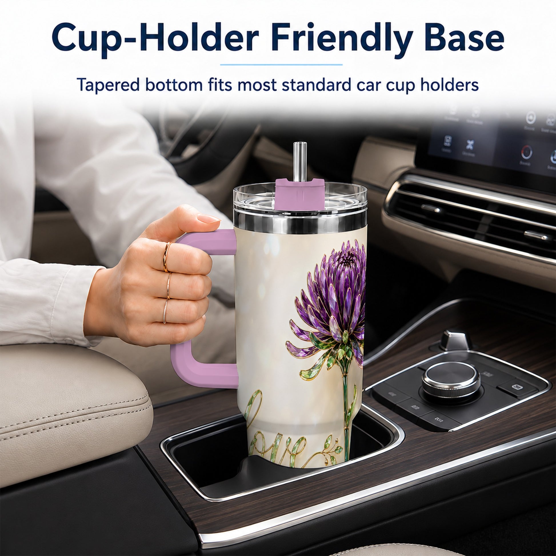 #pl[40oz|Pink] Chrysanthemum 40oz Tumbler with Handle, Stainless Steel Travel Cup