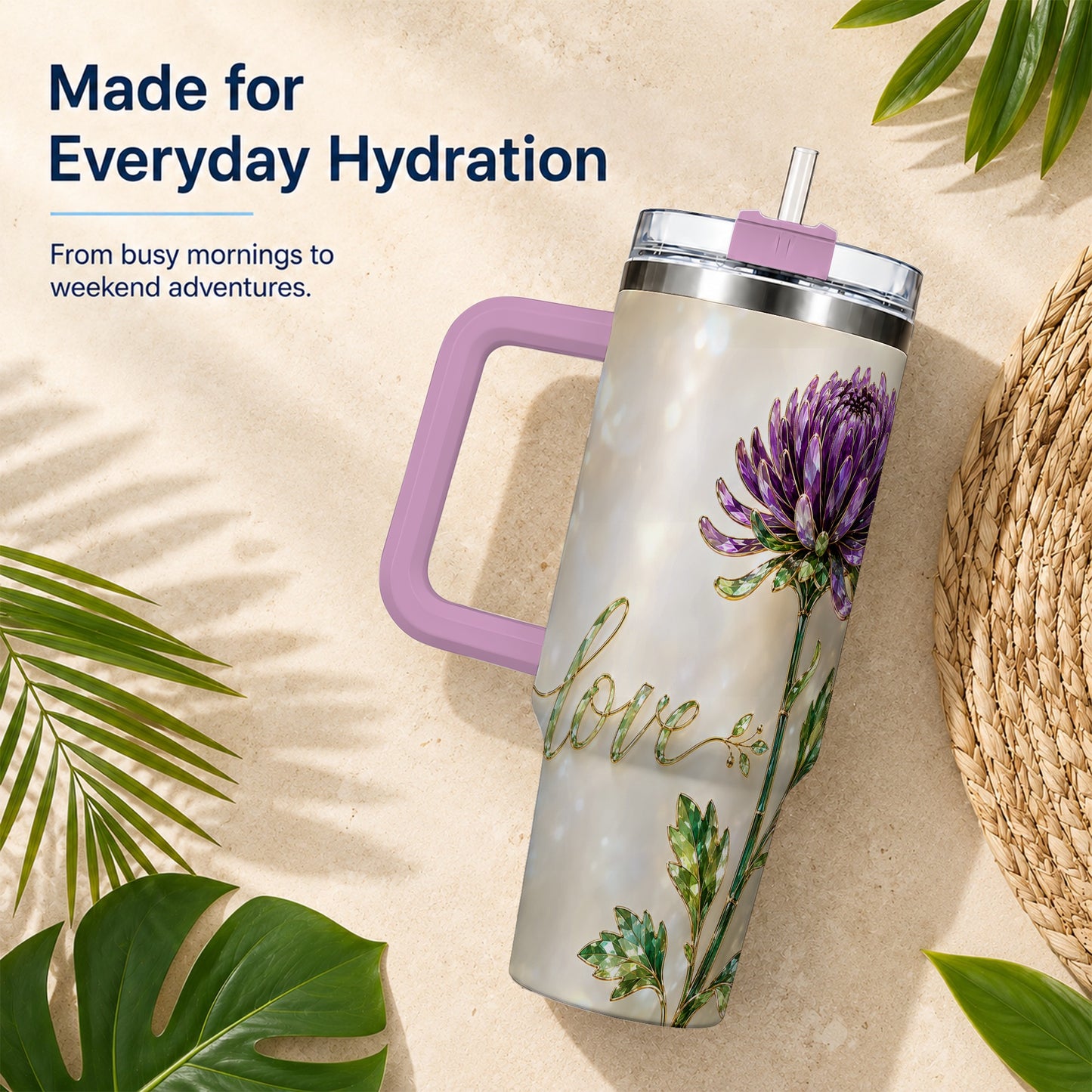 #pl[40oz|Pink] Chrysanthemum 40oz Tumbler with Handle, Stainless Steel Travel Cup