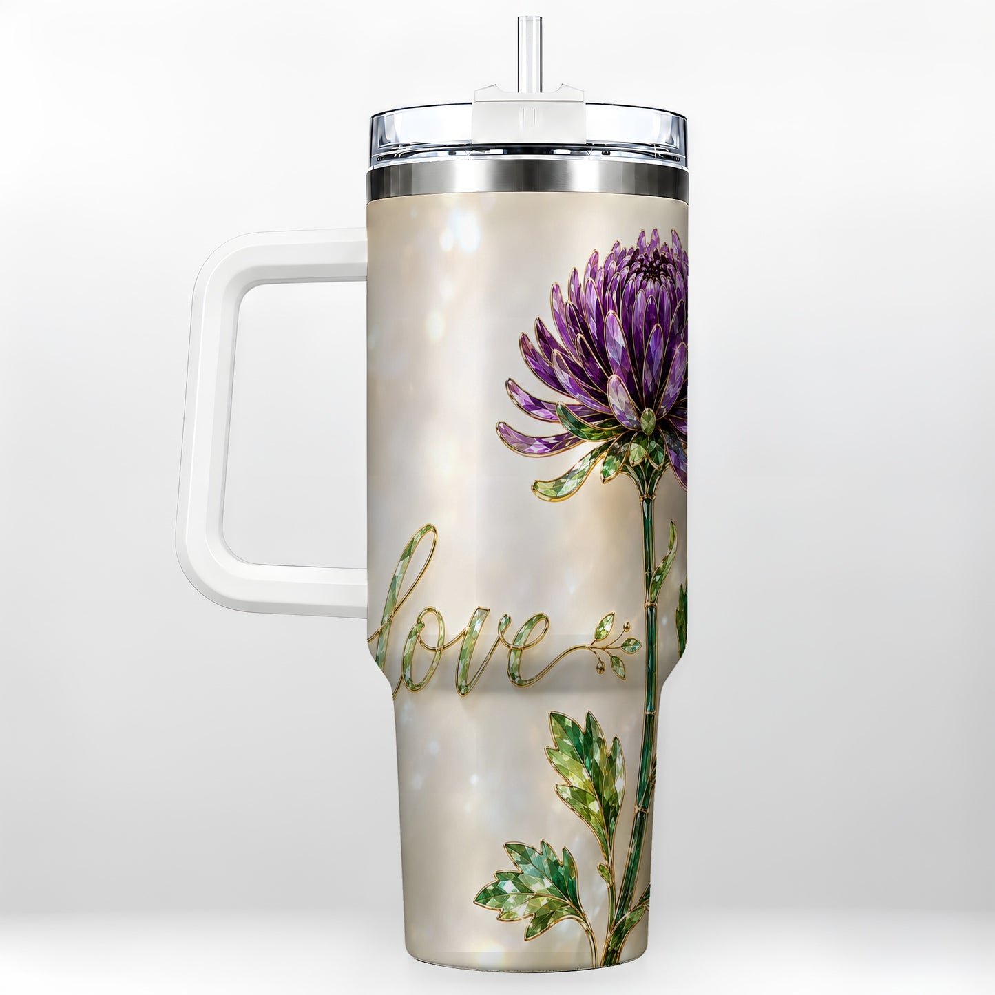 #pl[40oz|White] Chrysanthemum 40oz Tumbler with Handle, Stainless Steel Travel Cup