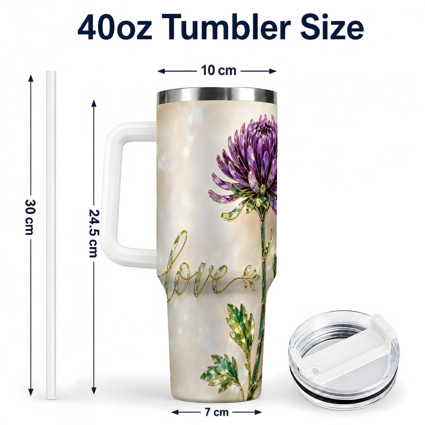 #pl[40oz|White] Chrysanthemum 40oz Tumbler with Handle, Stainless Steel Travel Cup