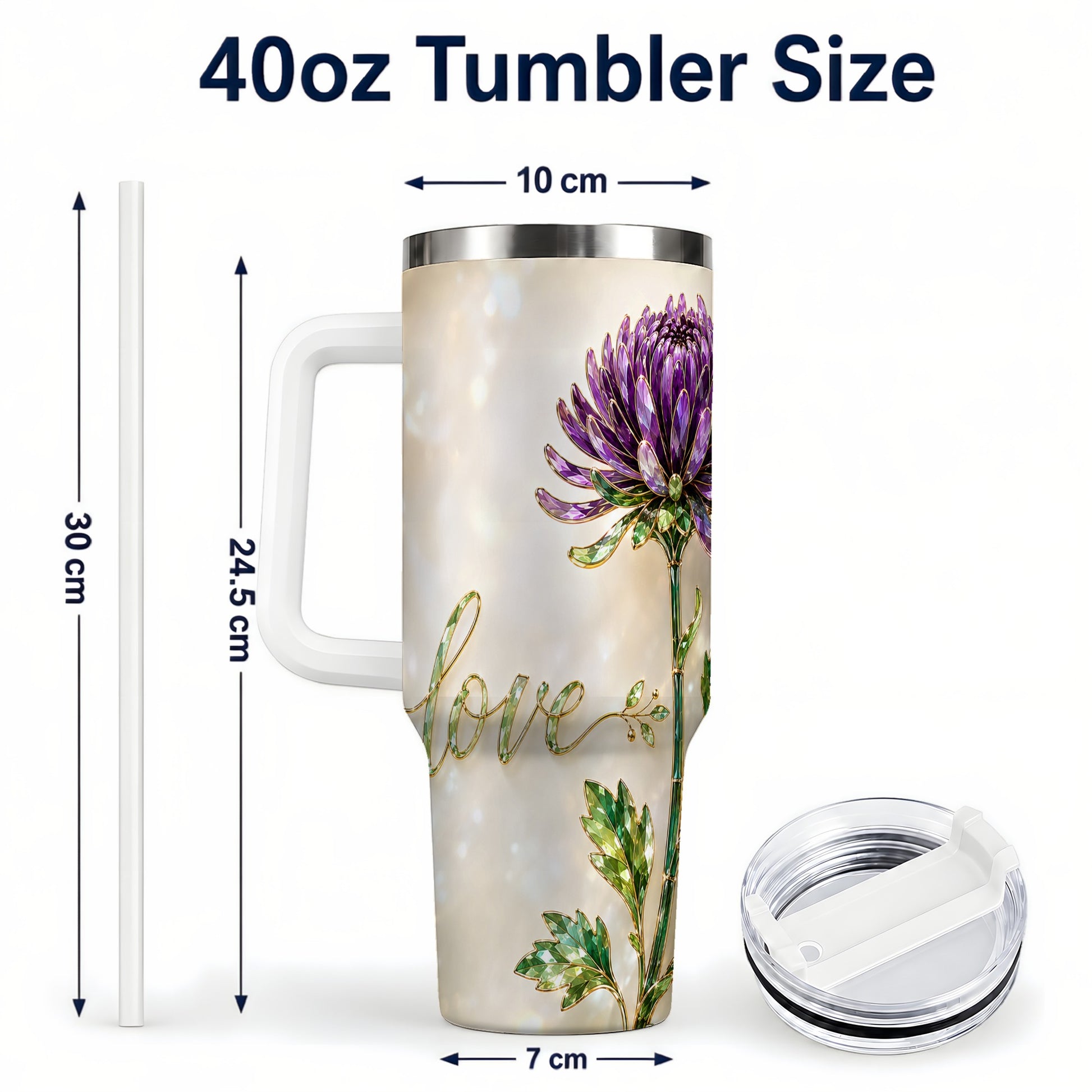 #pl[40oz|White] Chrysanthemum 40oz Tumbler with Handle, Stainless Steel Travel Cup