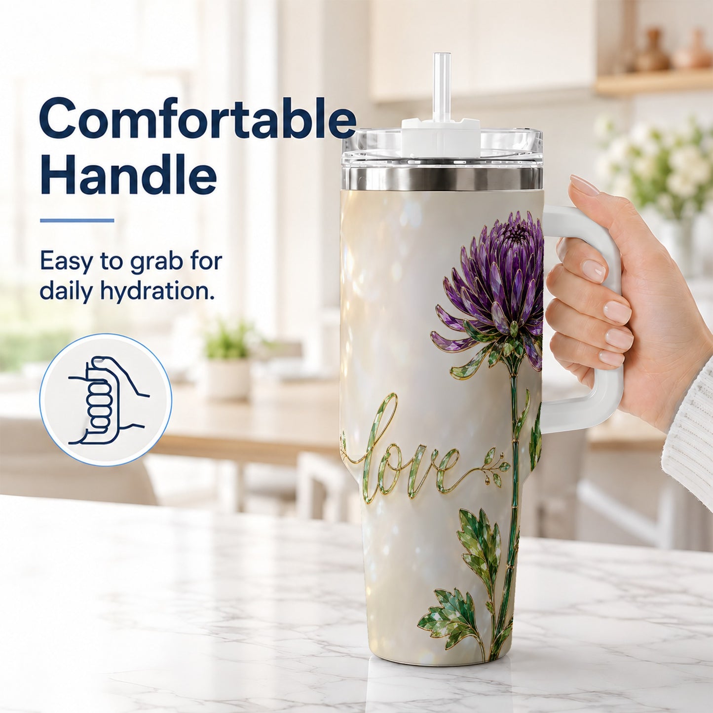 #pl[40oz|White] Chrysanthemum 40oz Tumbler with Handle, Stainless Steel Travel Cup