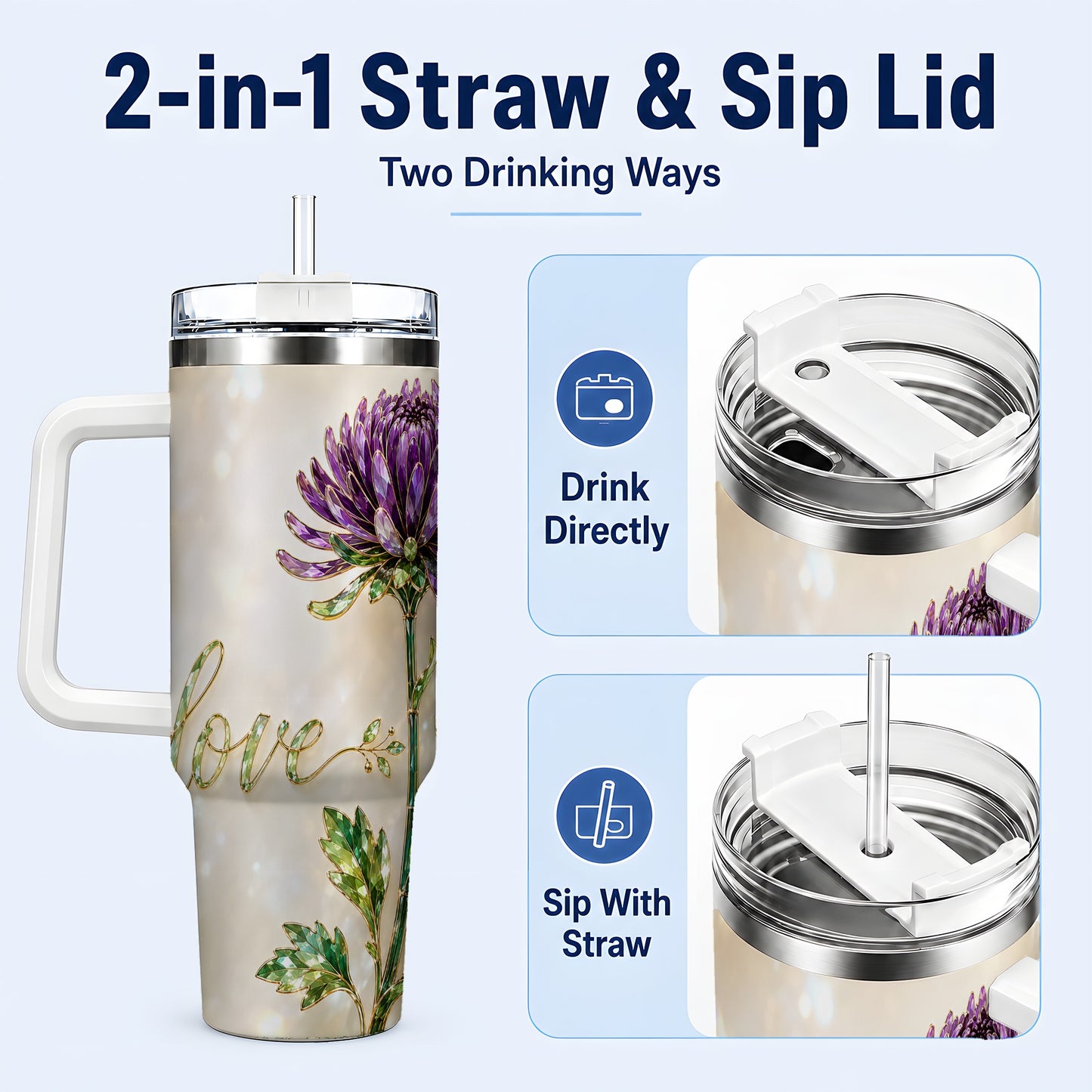 #pl[40oz|White] Chrysanthemum 40oz Tumbler with Handle, Stainless Steel Travel Cup