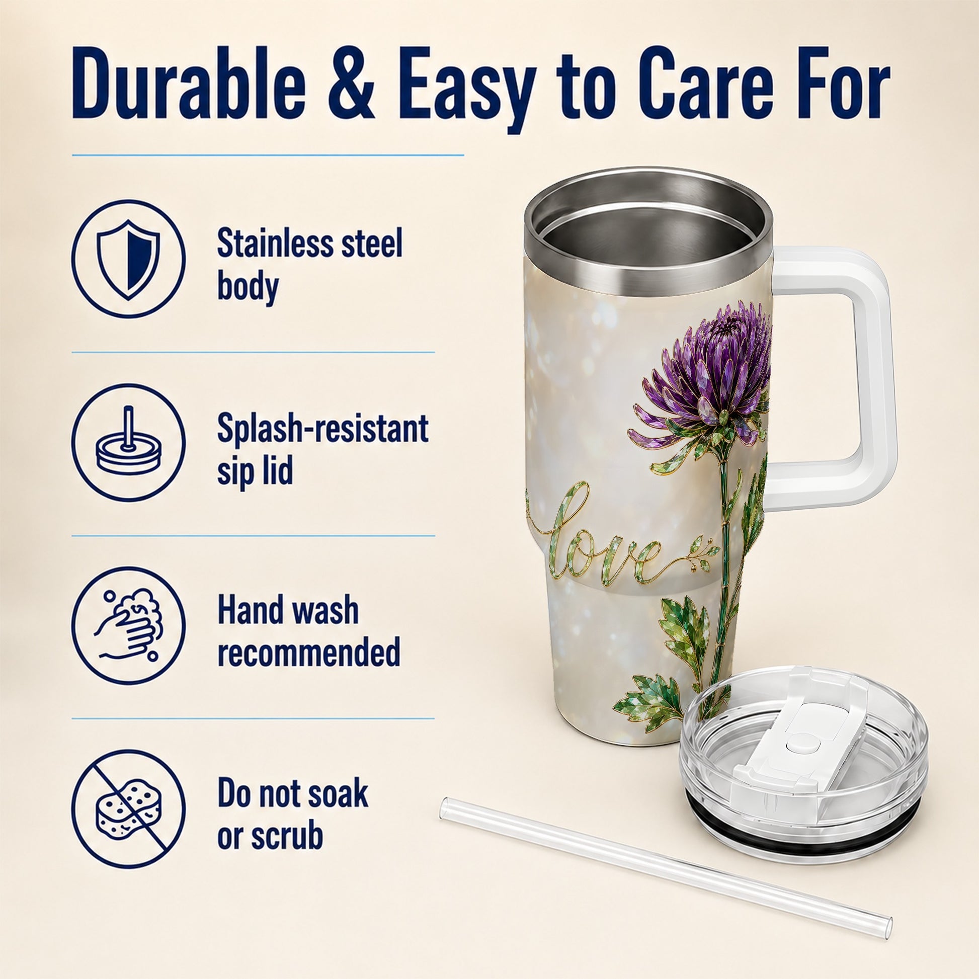 #pl[40oz|White] Chrysanthemum 40oz Tumbler with Handle, Stainless Steel Travel Cup