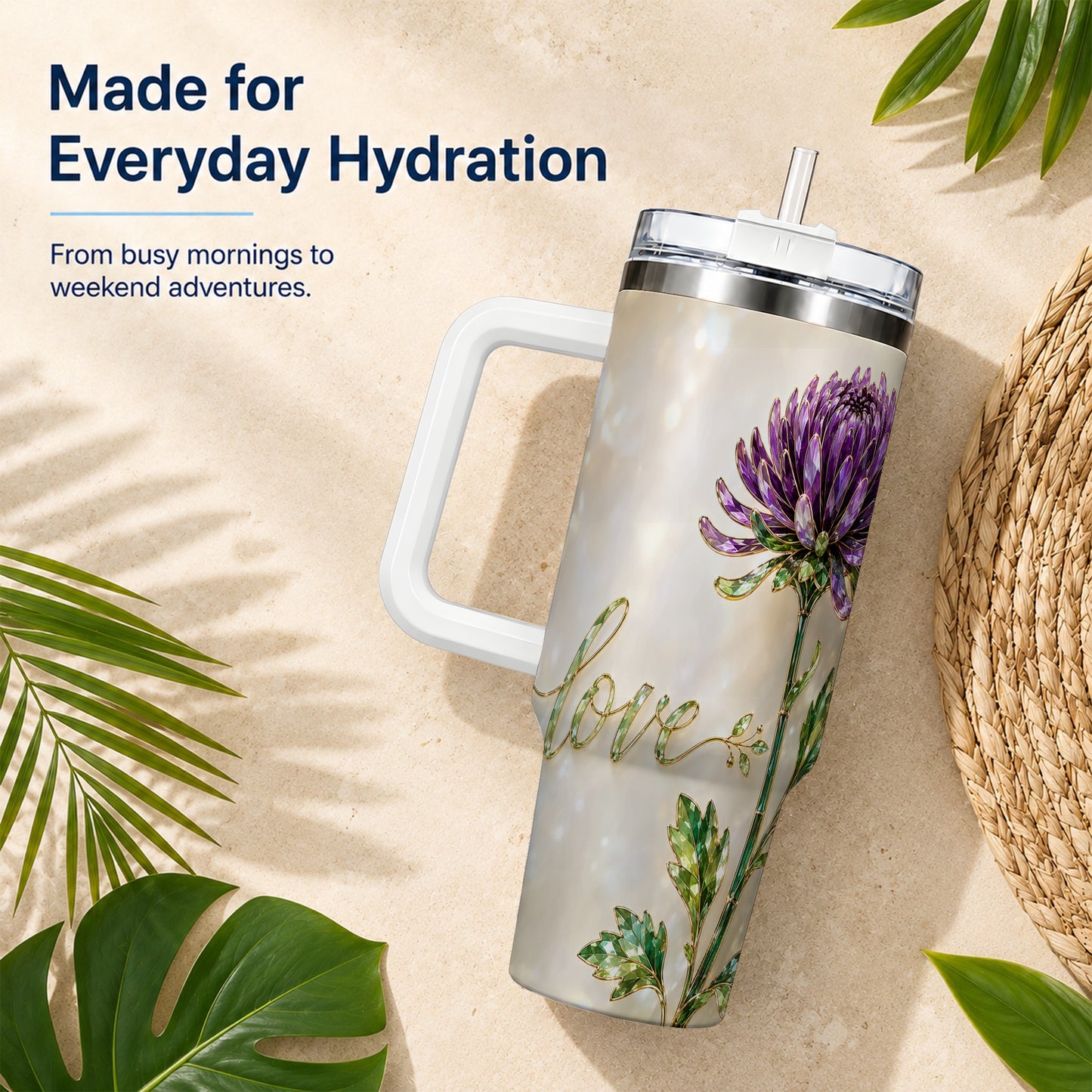 #pl[40oz|White] Chrysanthemum 40oz Tumbler with Handle, Stainless Steel Travel Cup