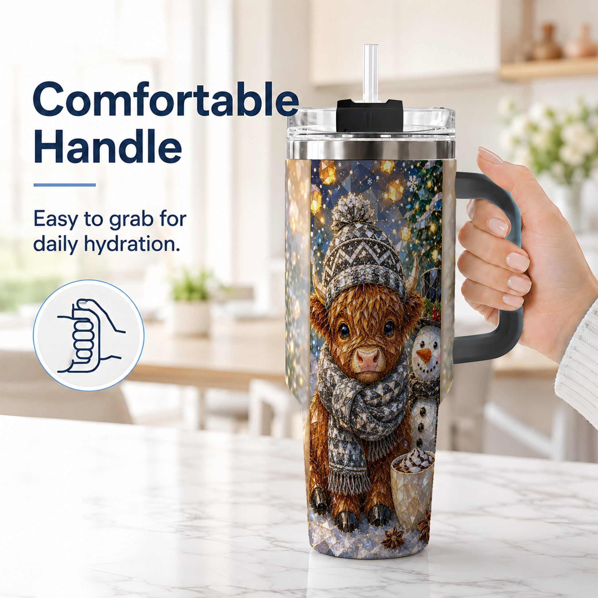 #pl[40oz|Black] Highland Cow 40oz Tumbler with Handle, Stainless Steel Travel Cup