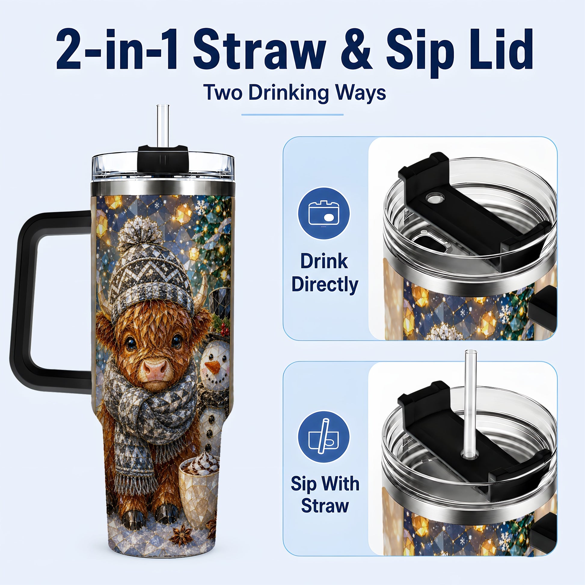 #pl[40oz|Black] Highland Cow 40oz Tumbler with Handle, Stainless Steel Travel Cup