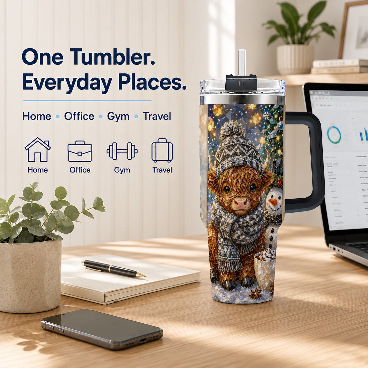 #pl[40oz|Black] Highland Cow 40oz Tumbler with Handle, Stainless Steel Travel Cup