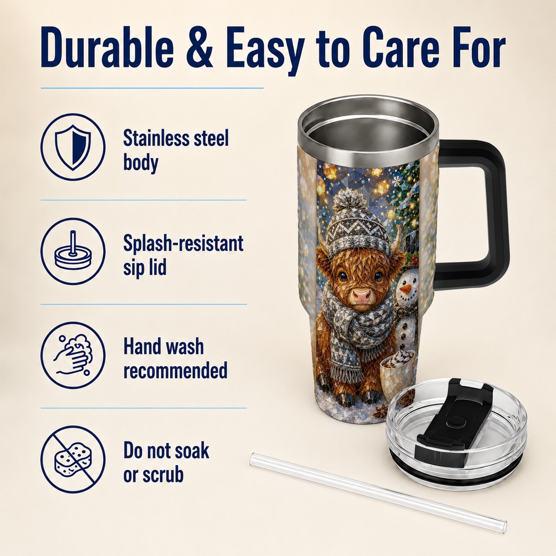 #pl[40oz|Black] Highland Cow 40oz Tumbler with Handle, Stainless Steel Travel Cup