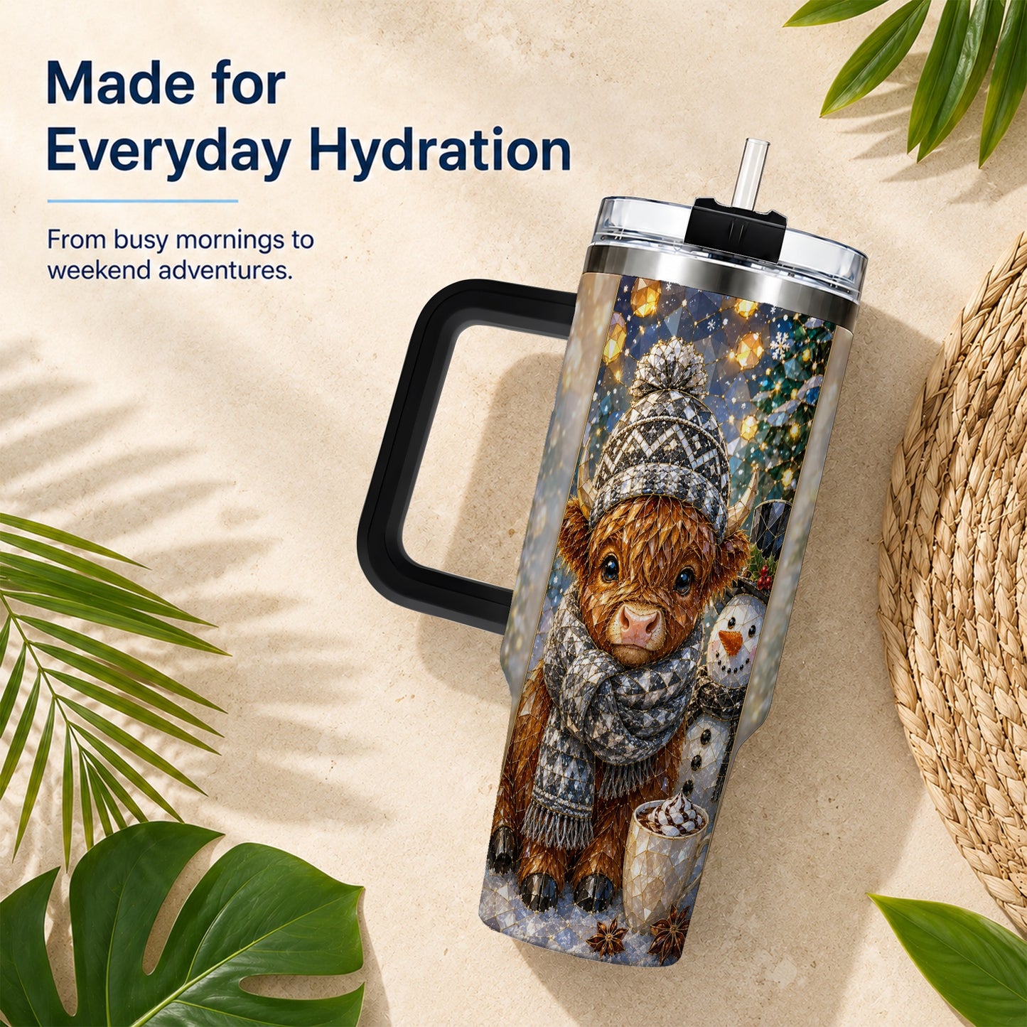 #pl[40oz|Black] Highland Cow 40oz Tumbler with Handle, Stainless Steel Travel Cup