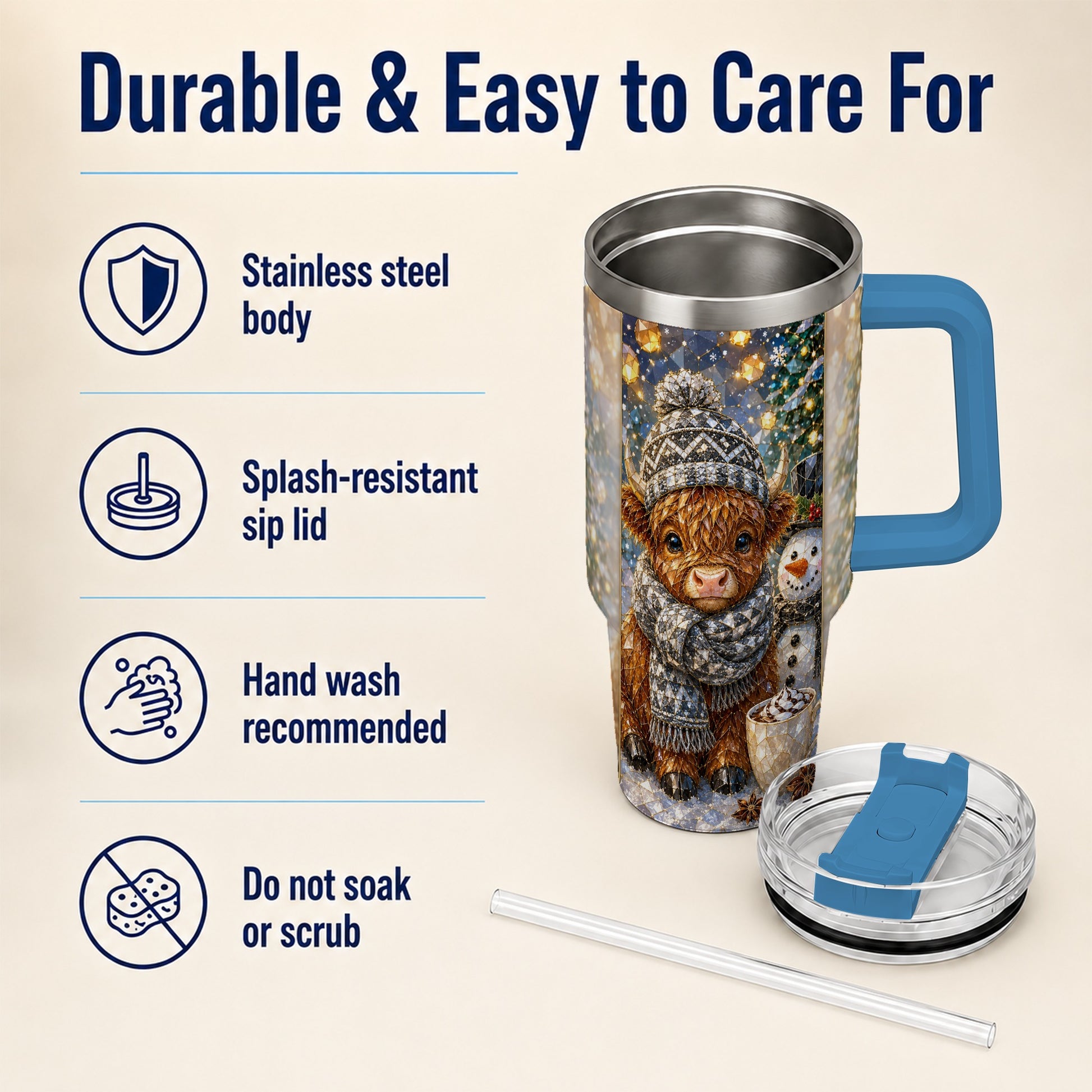 #pl[40oz|Blue] Highland Cow 40oz Tumbler with Handle, Stainless Steel Travel Cup