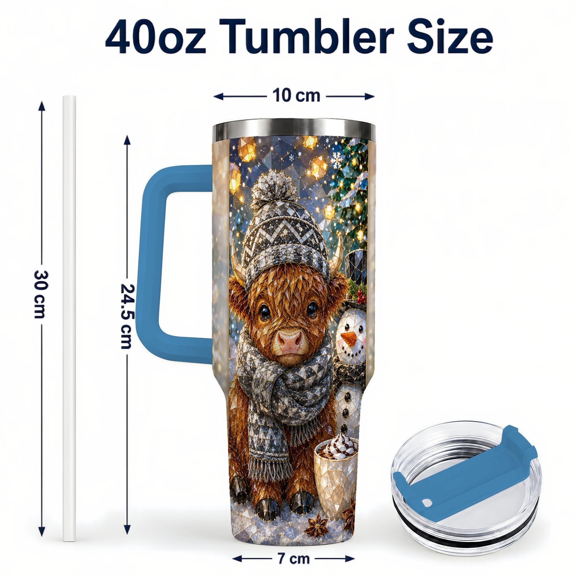 #pl[40oz|Blue] Highland Cow 40oz Tumbler with Handle, Stainless Steel Travel Cup