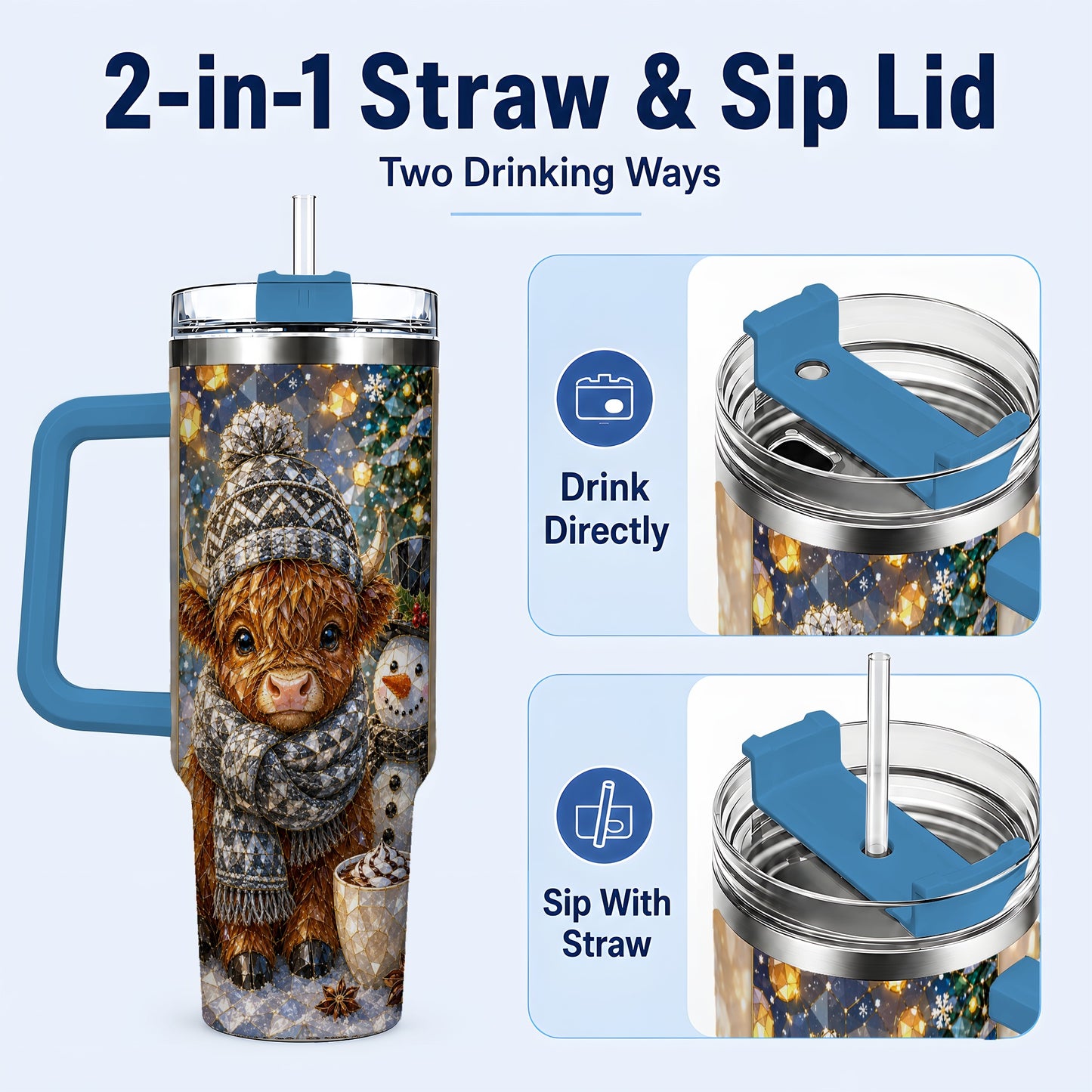 #pl[40oz|Blue] Highland Cow 40oz Tumbler with Handle, Stainless Steel Travel Cup