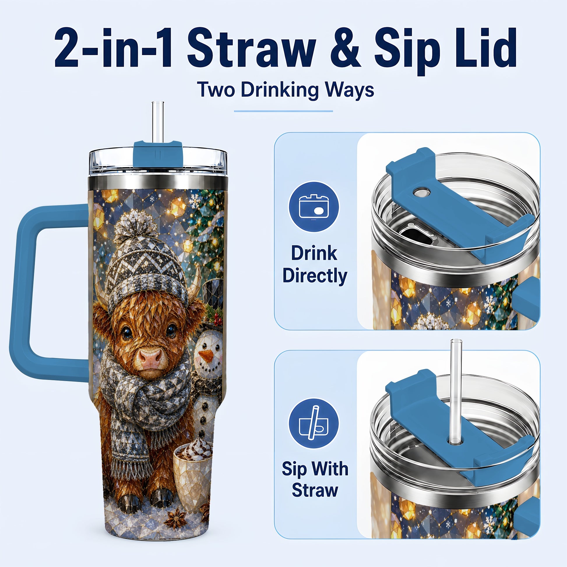 #pl[40oz|Blue] Highland Cow 40oz Tumbler with Handle, Stainless Steel Travel Cup