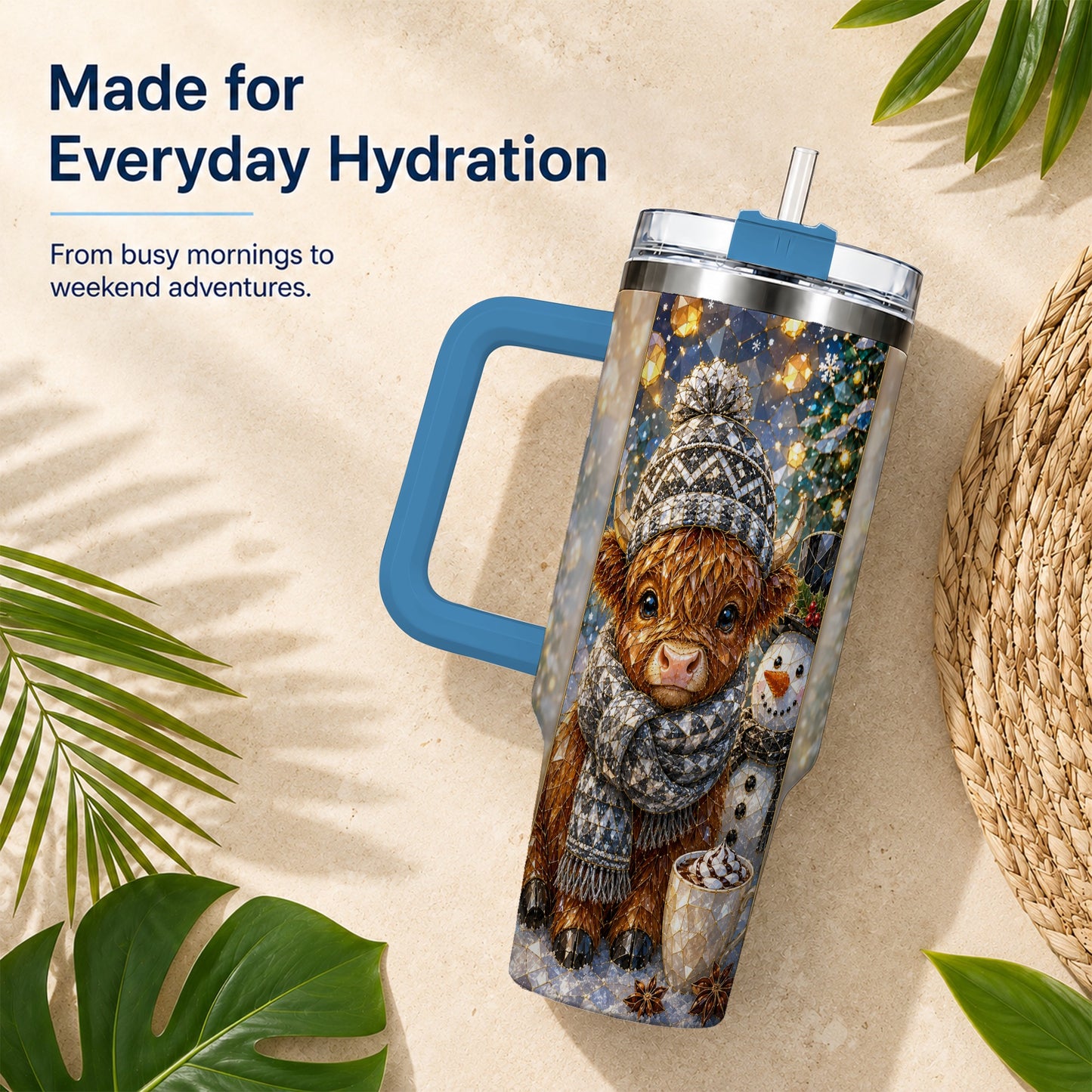 #pl[40oz|Blue] Highland Cow 40oz Tumbler with Handle, Stainless Steel Travel Cup