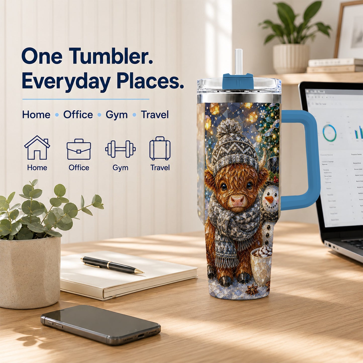 #pl[40oz|Blue] Highland Cow 40oz Tumbler with Handle, Stainless Steel Travel Cup