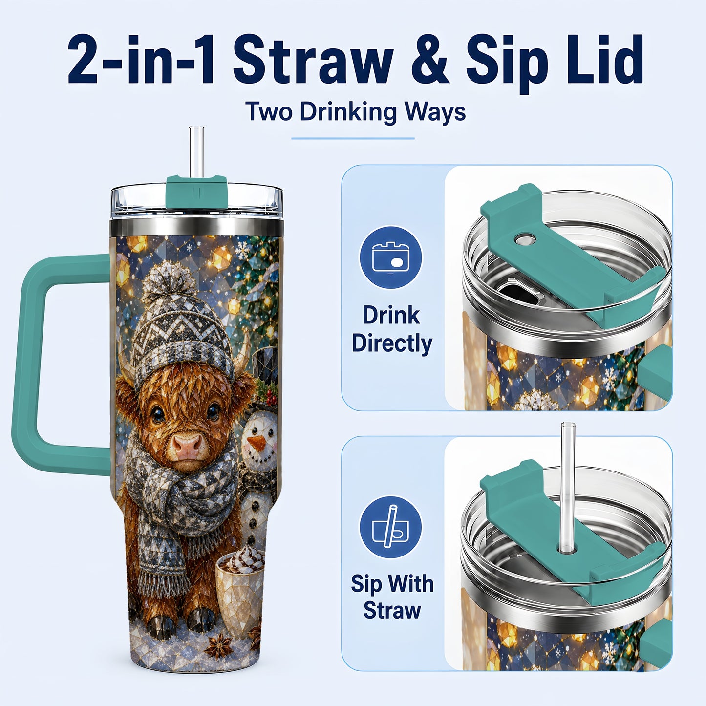 #pl[40oz|Green] Highland Cow 40oz Tumbler with Handle, Stainless Steel Travel Cup