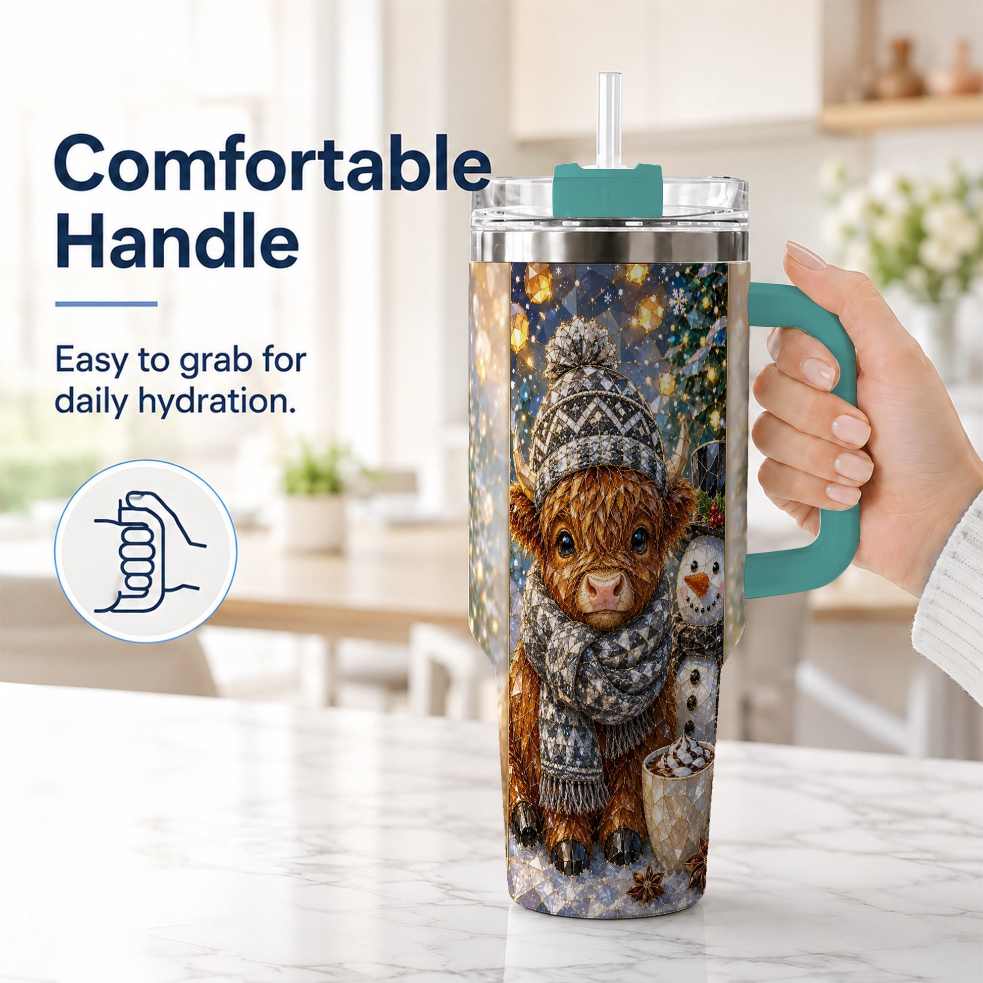 #pl[40oz|Green] Highland Cow 40oz Tumbler with Handle, Stainless Steel Travel Cup