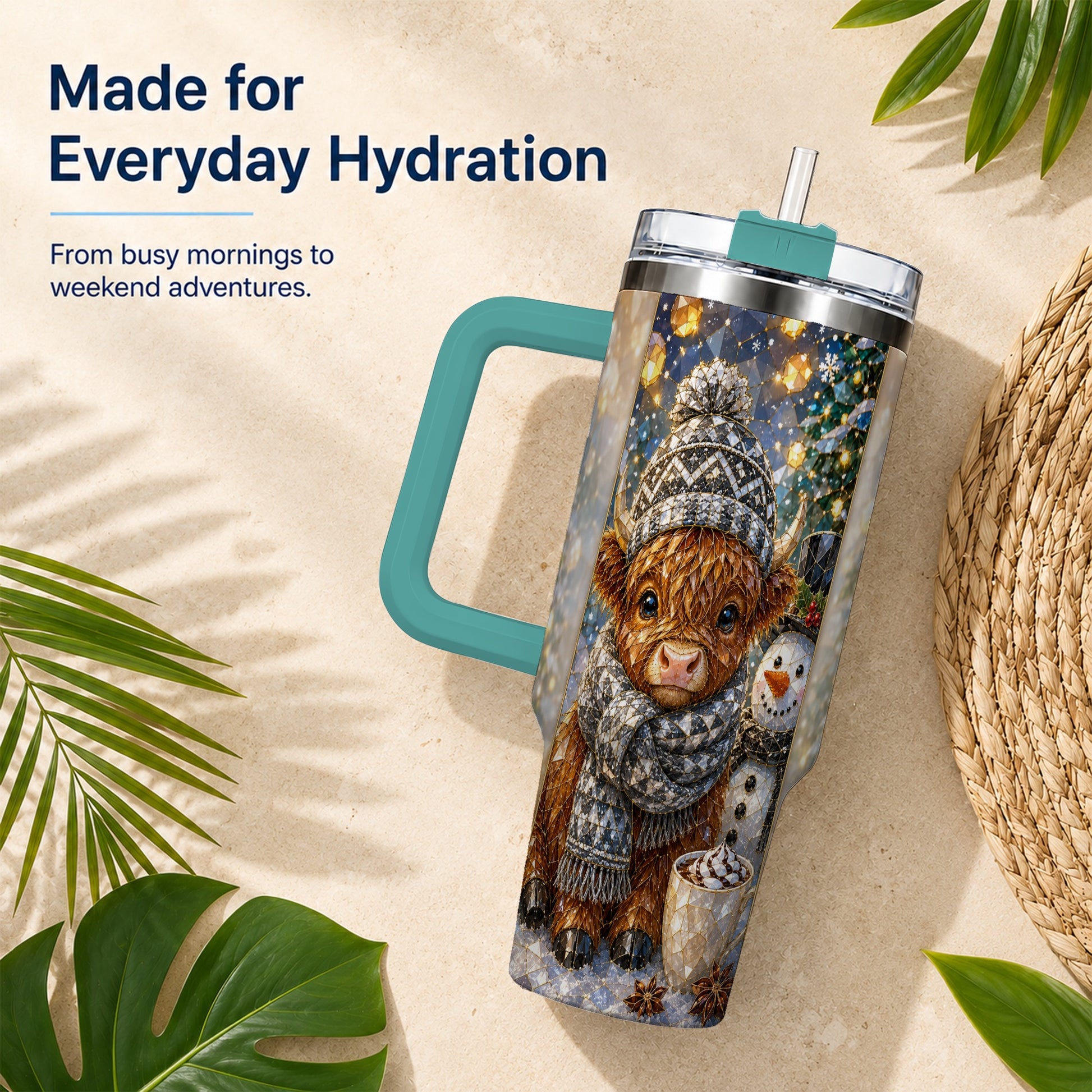 #pl[40oz|Green] Highland Cow 40oz Tumbler with Handle, Stainless Steel Travel Cup