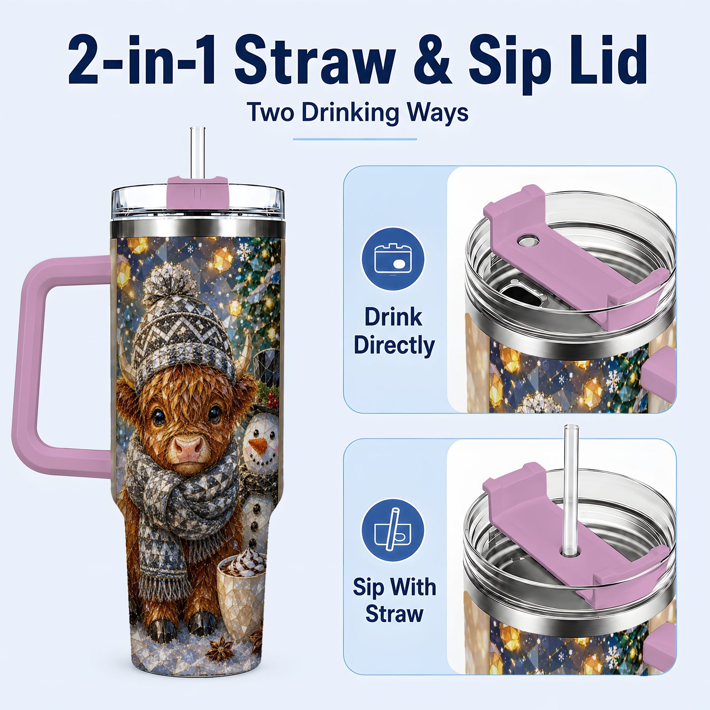 #pl[40oz|Pink] Highland Cow 40oz Tumbler with Handle, Stainless Steel Travel Cup