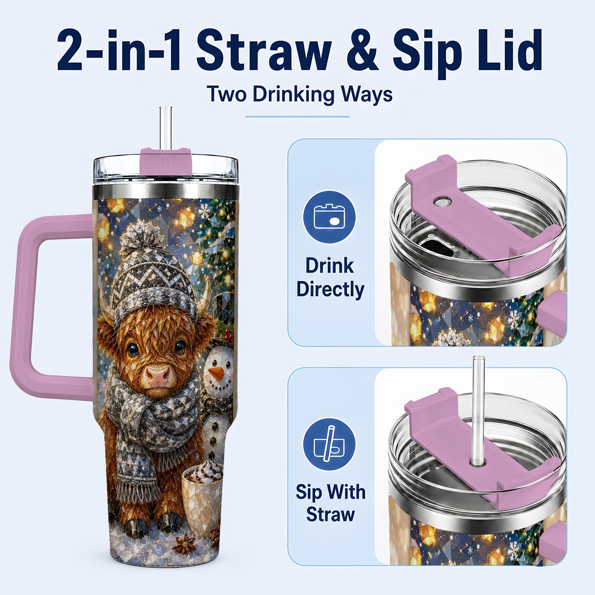 #pl[40oz|Pink] Highland Cow 40oz Tumbler with Handle, Stainless Steel Travel Cup
