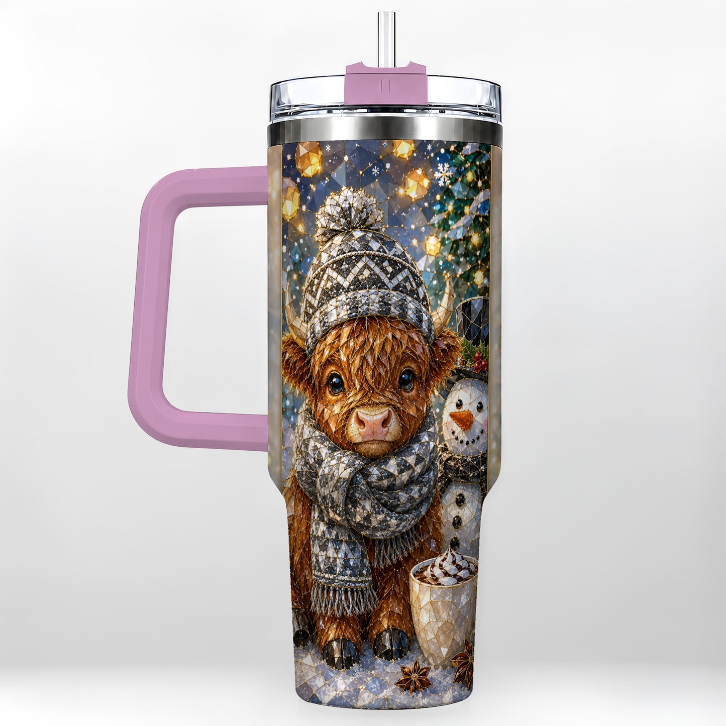 #pl[40oz|Pink] Highland Cow 40oz Tumbler with Handle, Stainless Steel Travel Cup