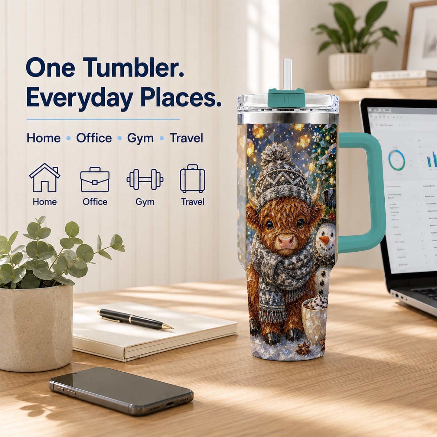 #pl[40oz|Green] Highland Cow 40oz Tumbler with Handle, Stainless Steel Travel Cup