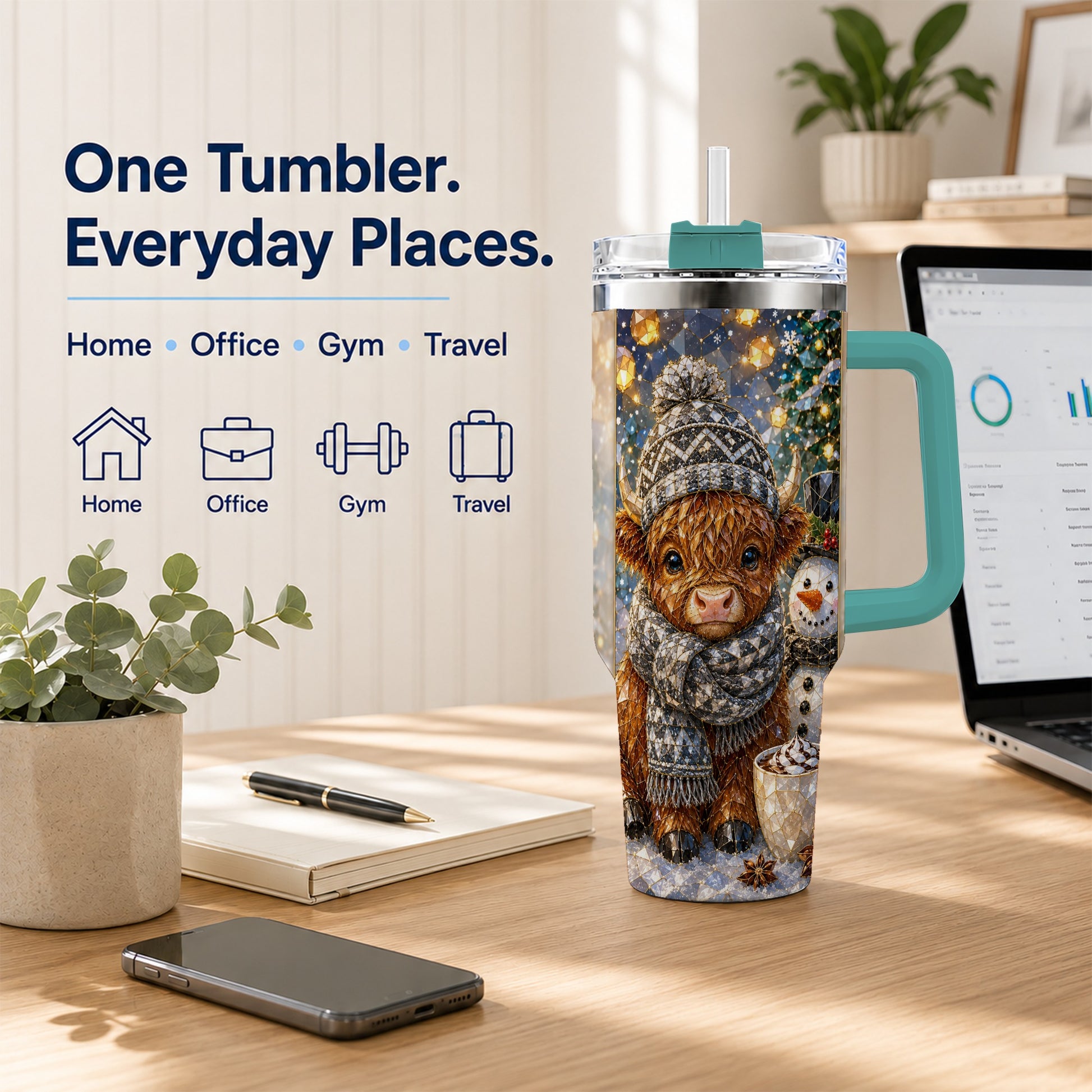 #pl[40oz|Green] Highland Cow 40oz Tumbler with Handle, Stainless Steel Travel Cup