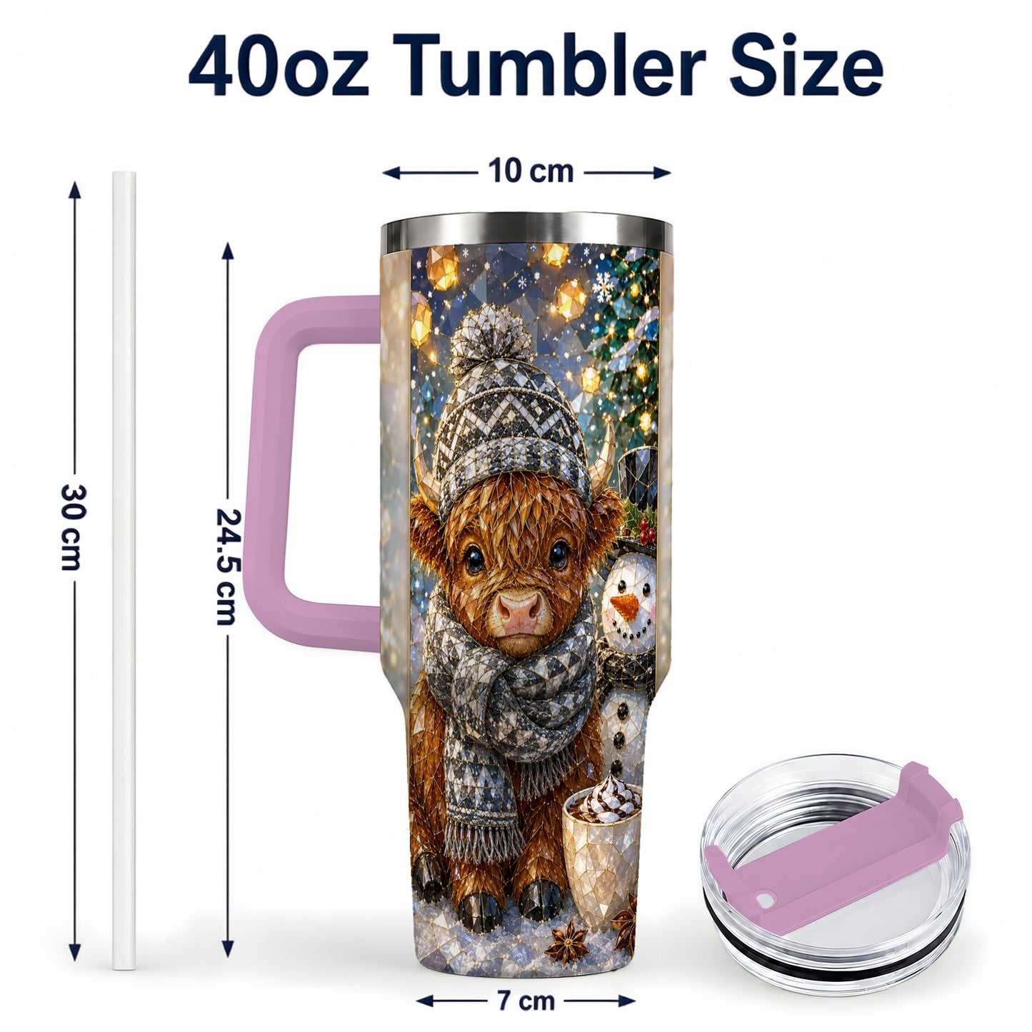 #pl[40oz|Pink] Highland Cow 40oz Tumbler with Handle, Stainless Steel Travel Cup