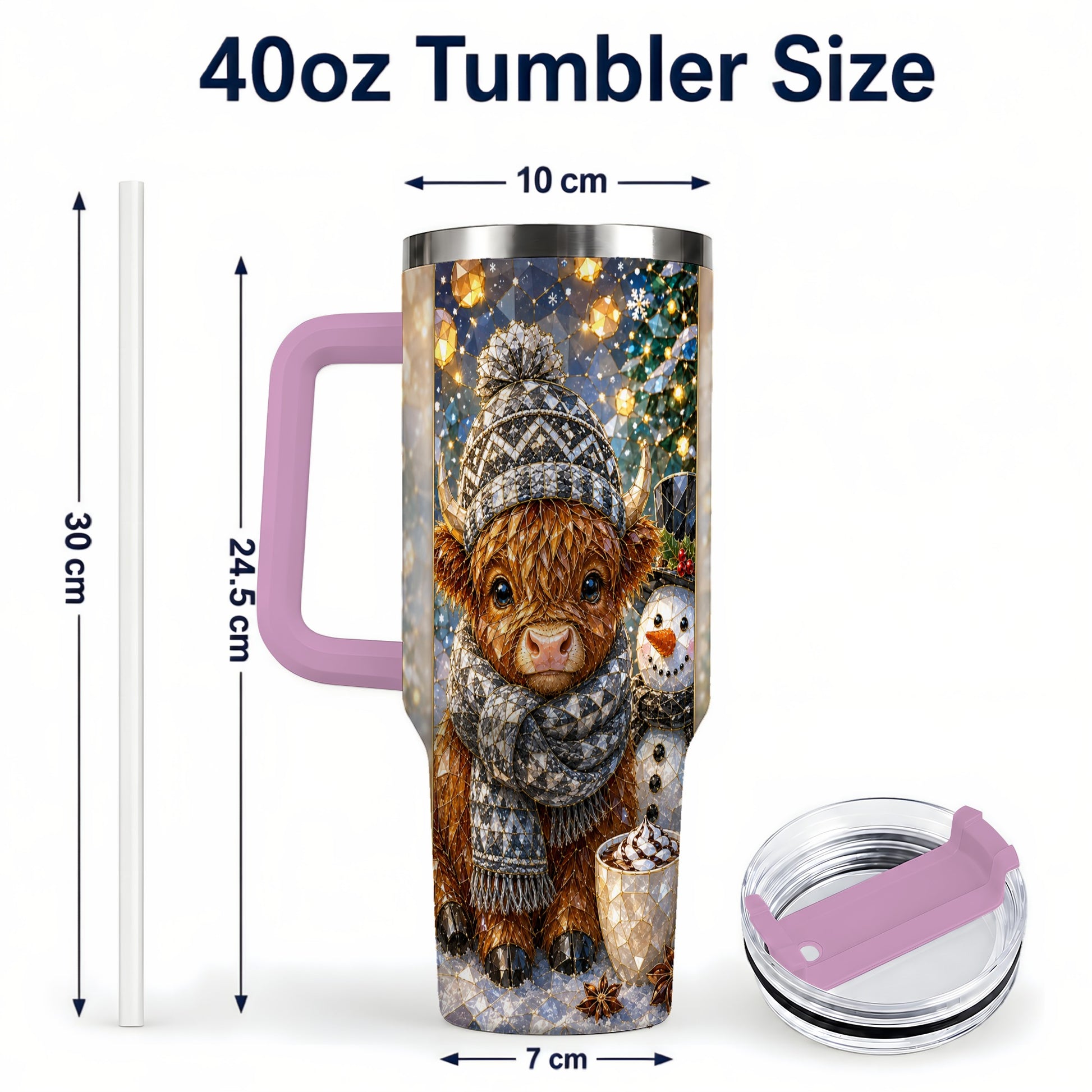 #pl[40oz|Pink] Highland Cow 40oz Tumbler with Handle, Stainless Steel Travel Cup