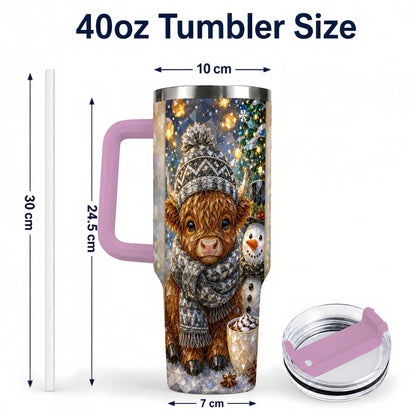 #pl[40oz|Pink] Highland Cow 40oz Tumbler with Handle, Stainless Steel Travel Cup