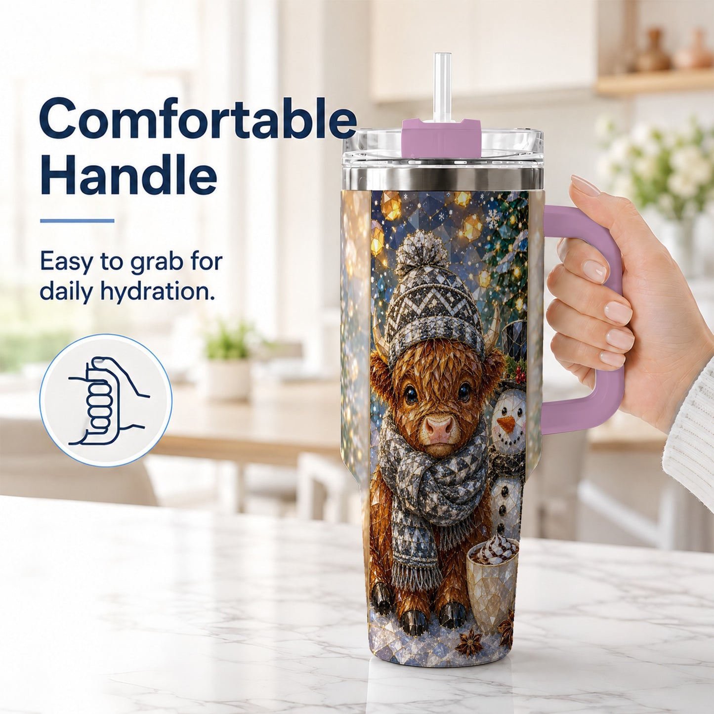 #pl[40oz|Pink] Highland Cow 40oz Tumbler with Handle, Stainless Steel Travel Cup