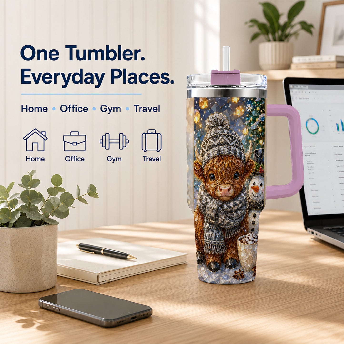 #pl[40oz|Pink] Highland Cow 40oz Tumbler with Handle, Stainless Steel Travel Cup
