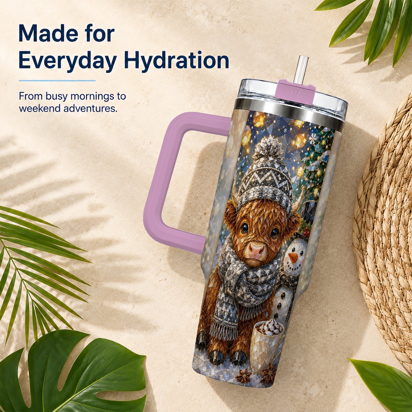 #pl[40oz|Pink] Highland Cow 40oz Tumbler with Handle, Stainless Steel Travel Cup