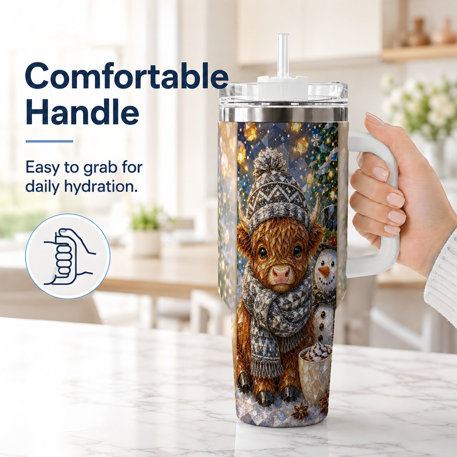 #pl[40oz|White] Highland Cow 40oz Tumbler with Handle, Stainless Steel Travel Cup
