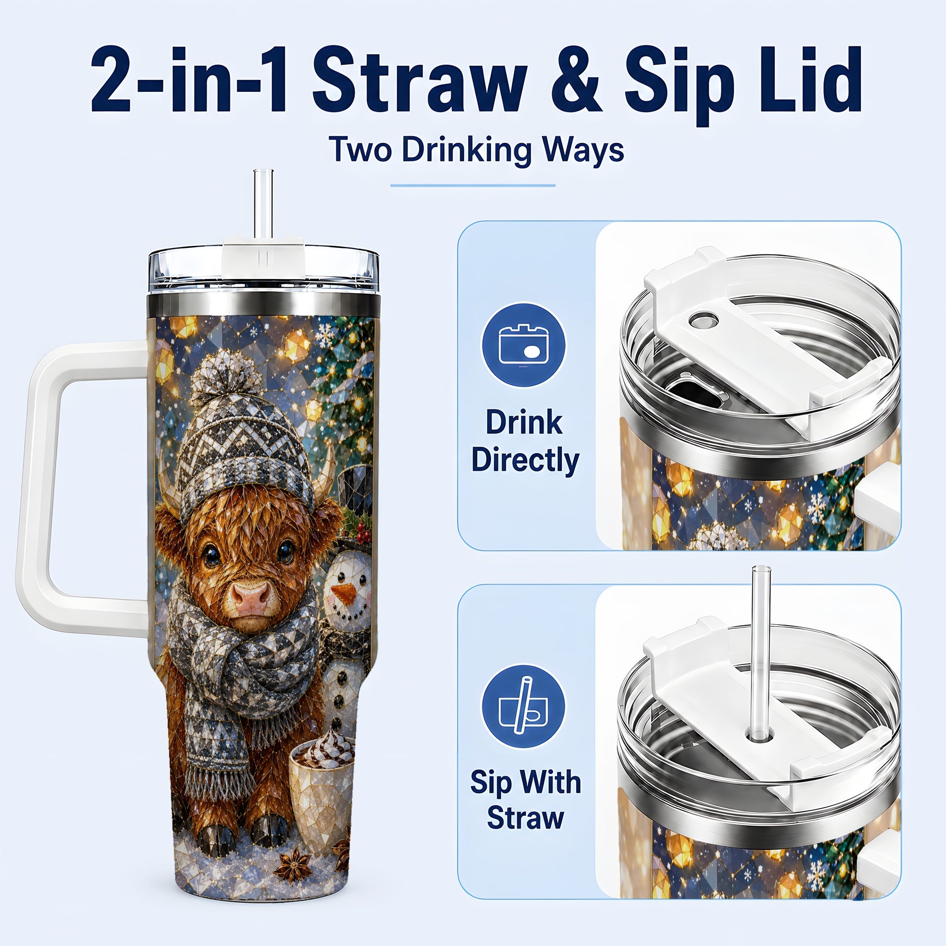 #pl[40oz|White] Highland Cow 40oz Tumbler with Handle, Stainless Steel Travel Cup