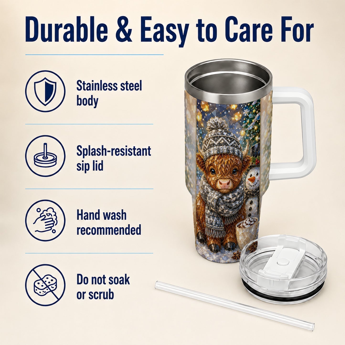 #pl[40oz|White] Highland Cow 40oz Tumbler with Handle, Stainless Steel Travel Cup
