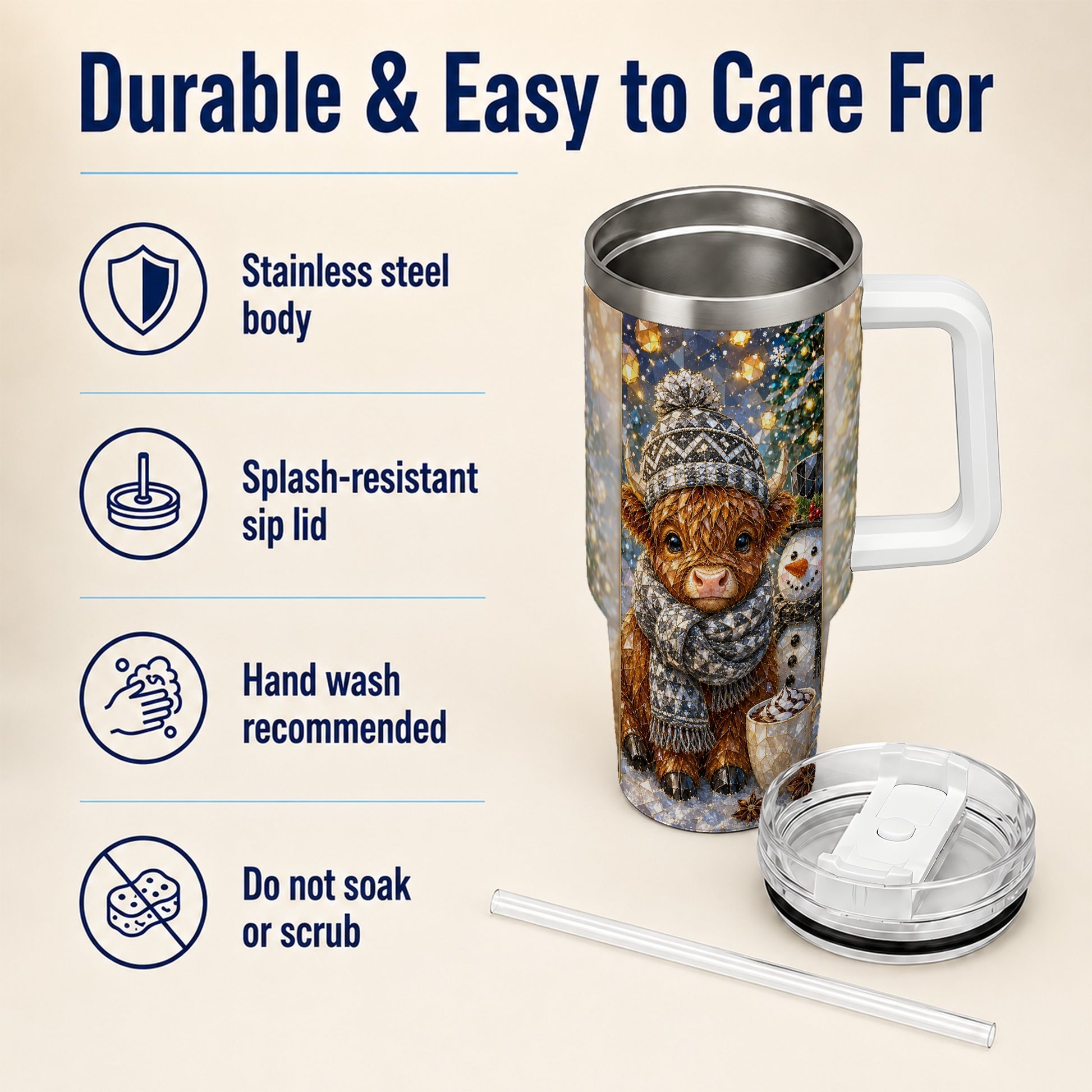 #pl[40oz|White] Highland Cow 40oz Tumbler with Handle, Stainless Steel Travel Cup