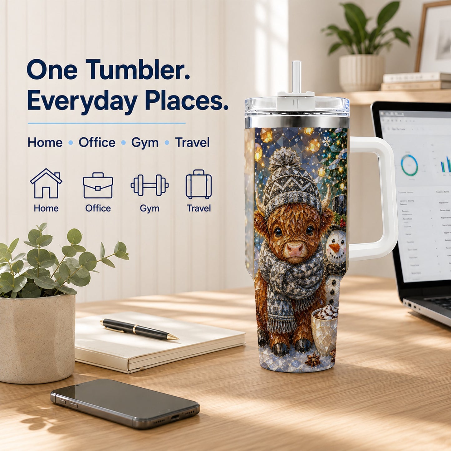 #pl[40oz|White] Highland Cow 40oz Tumbler with Handle, Stainless Steel Travel Cup