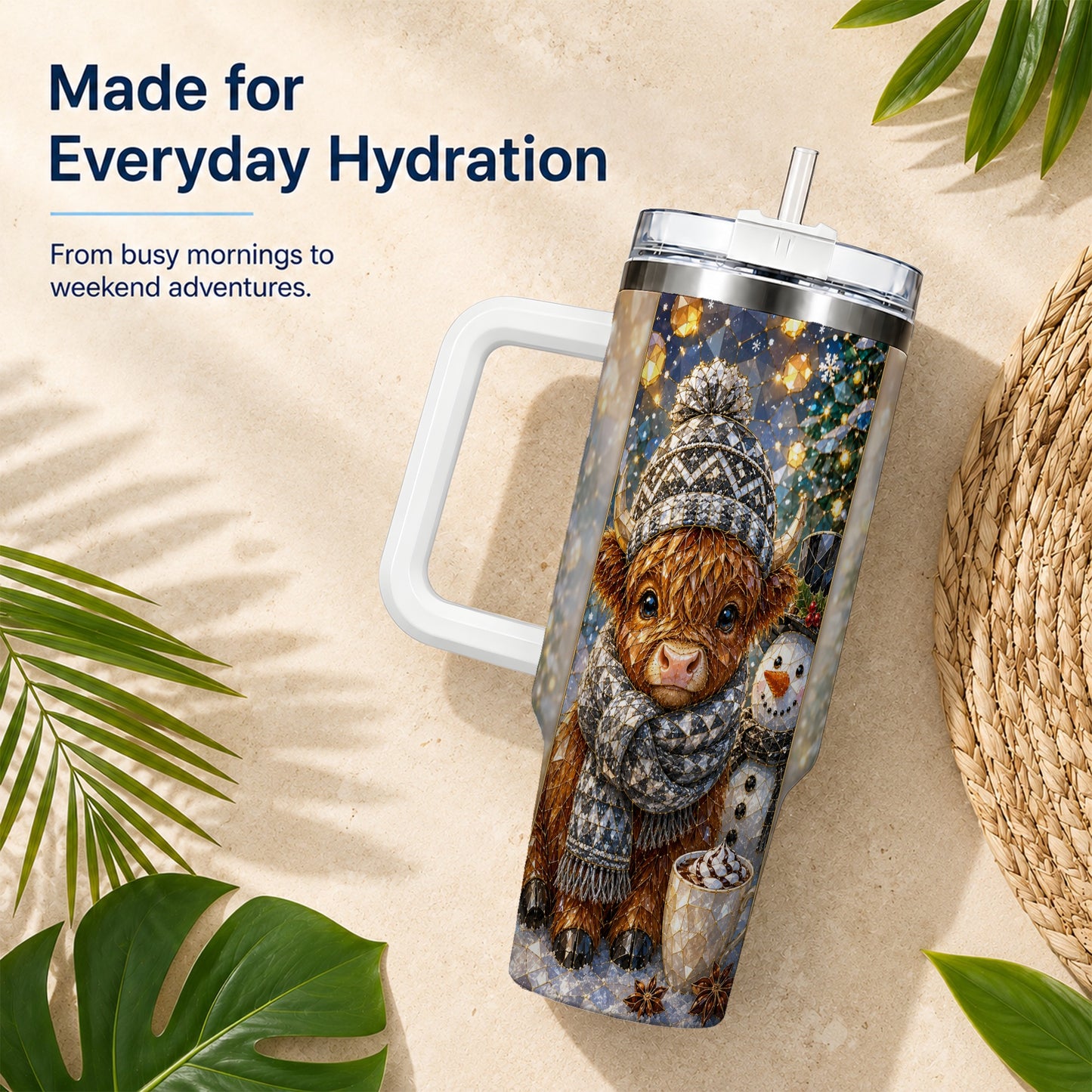 #pl[40oz|White] Highland Cow 40oz Tumbler with Handle, Stainless Steel Travel Cup