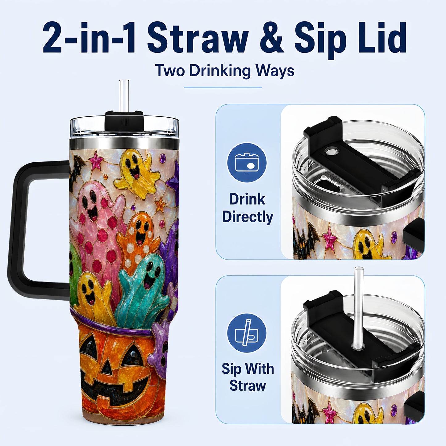 #pl[40oz|Black] Cute Ghost 40oz Tumbler with Handle, Stainless Steel Travel Cup
