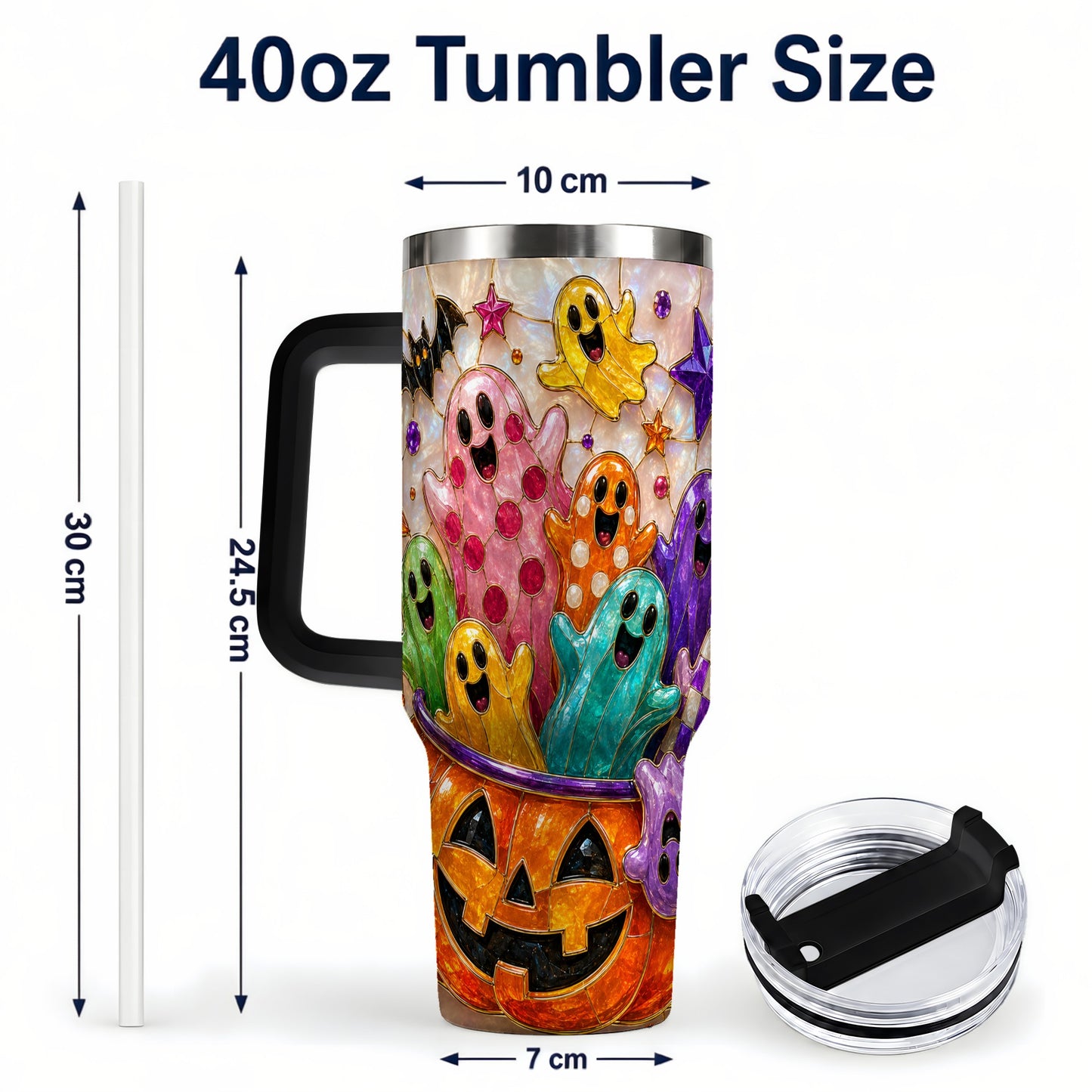 #pl[40oz|Black] Cute Ghost 40oz Tumbler with Handle, Stainless Steel Travel Cup