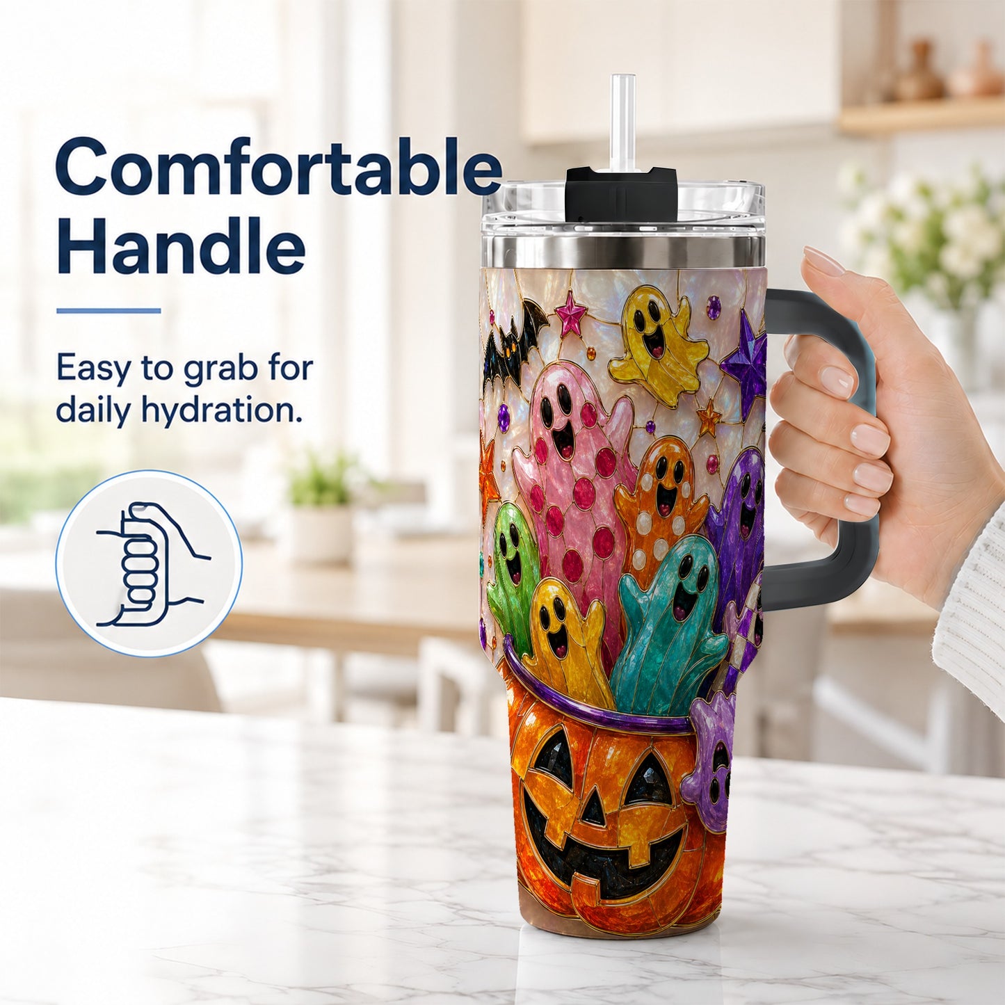 #pl[40oz|Black] Cute Ghost 40oz Tumbler with Handle, Stainless Steel Travel Cup