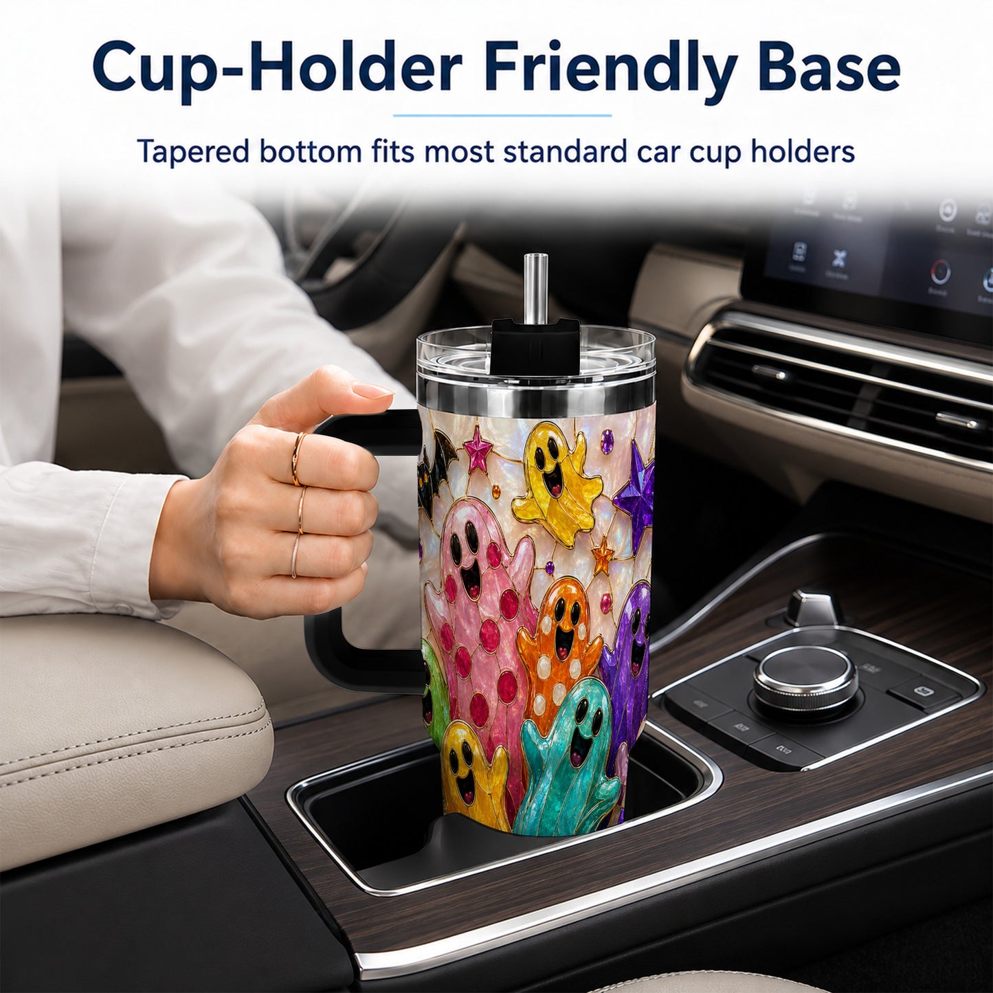 #pl[40oz|Black] Cute Ghost 40oz Tumbler with Handle, Stainless Steel Travel Cup