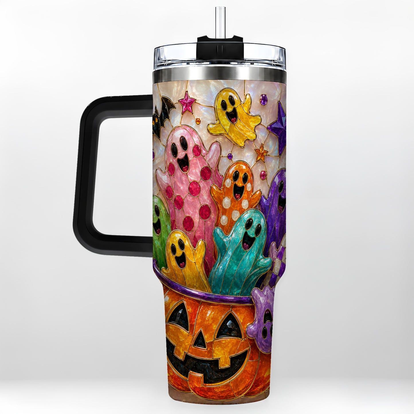 #pl[40oz|Black] Cute Ghost 40oz Tumbler with Handle, Stainless Steel Travel Cup
